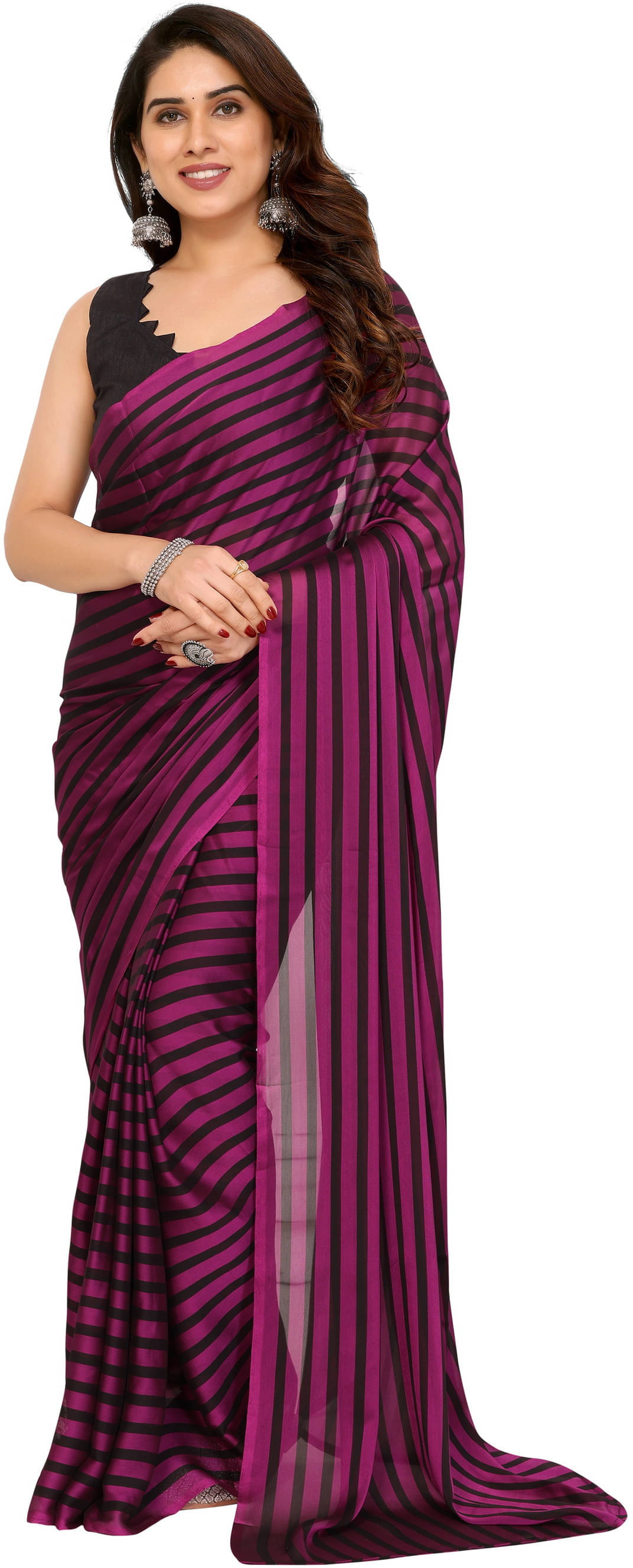 Sadika Georgette Striped Saree With Unstitched Blouse Piece ( Purple ) Sadika Georgette Striped Saree With Unstitched Blouse Piece ( Purple )