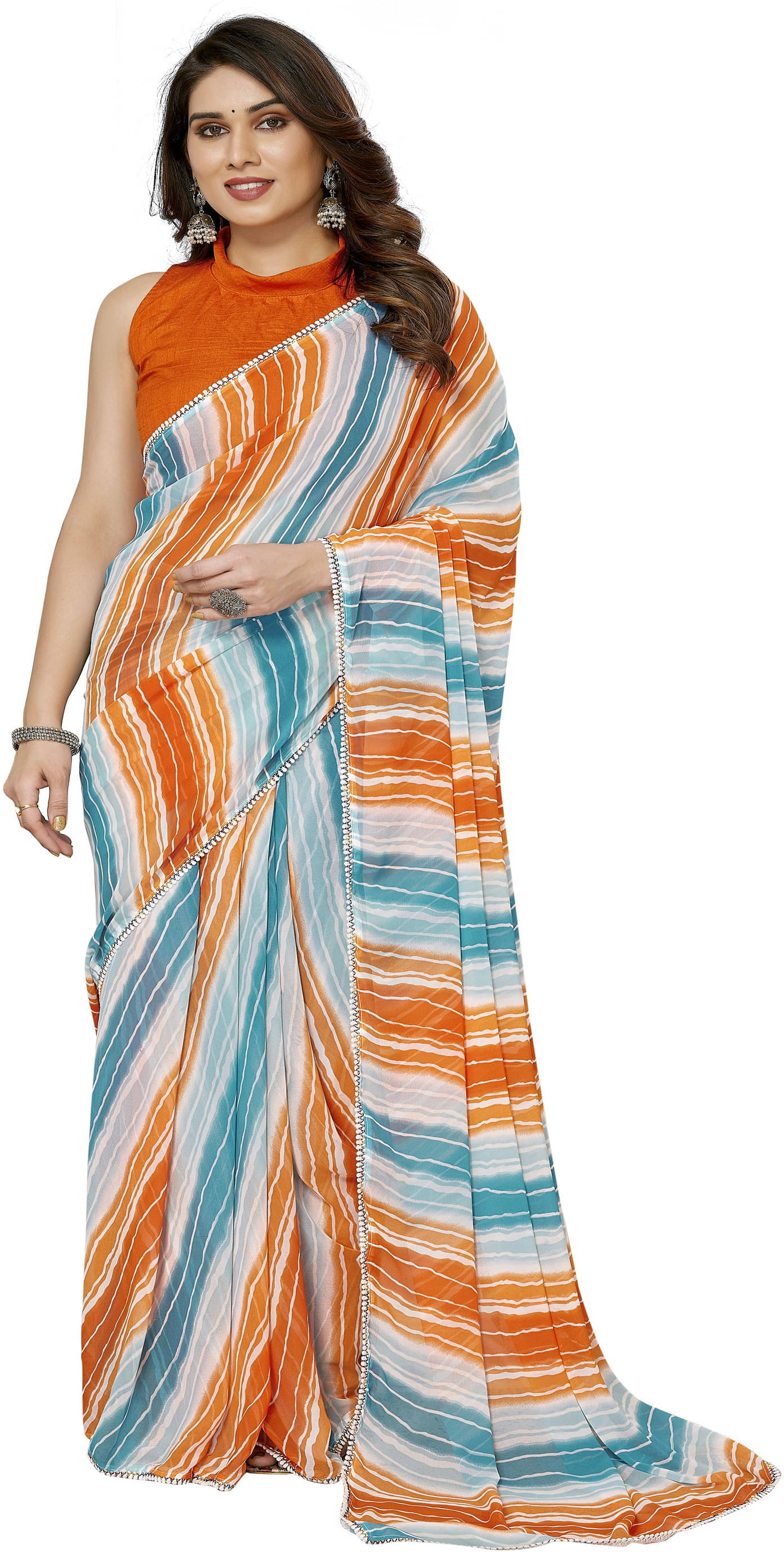 Sadika Georgette Striped Saree With Unstitched Blouse Piece ( Orange ) Sadika Georgette Striped Saree With Unstitched Blouse Piece ( Orange )
