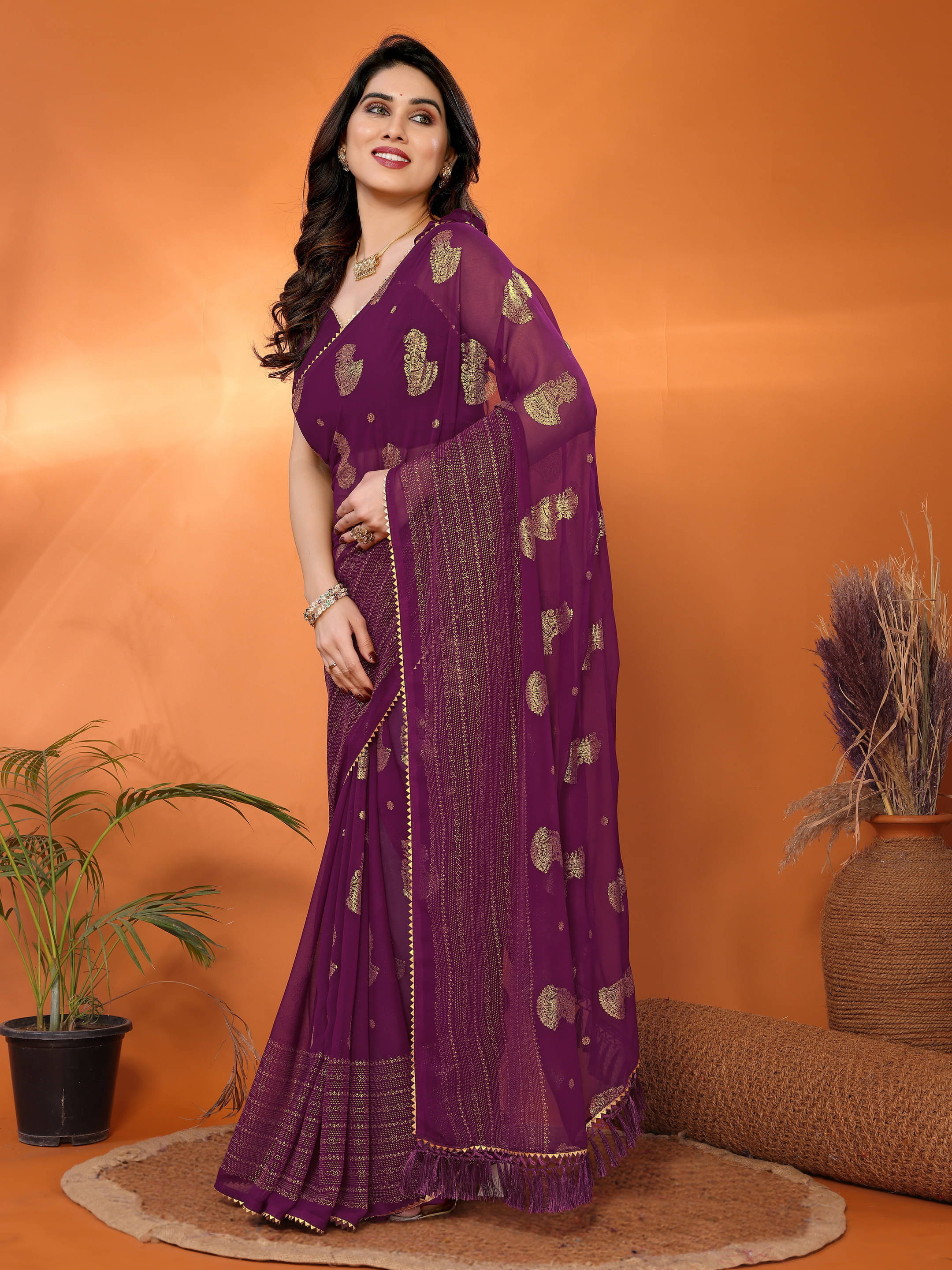 Sadika Georgette Striped Saree With Unstitched Blouse Piece ( Purple ) Sadika Georgette Striped Saree With Unstitched Blouse Piece ( Purple )