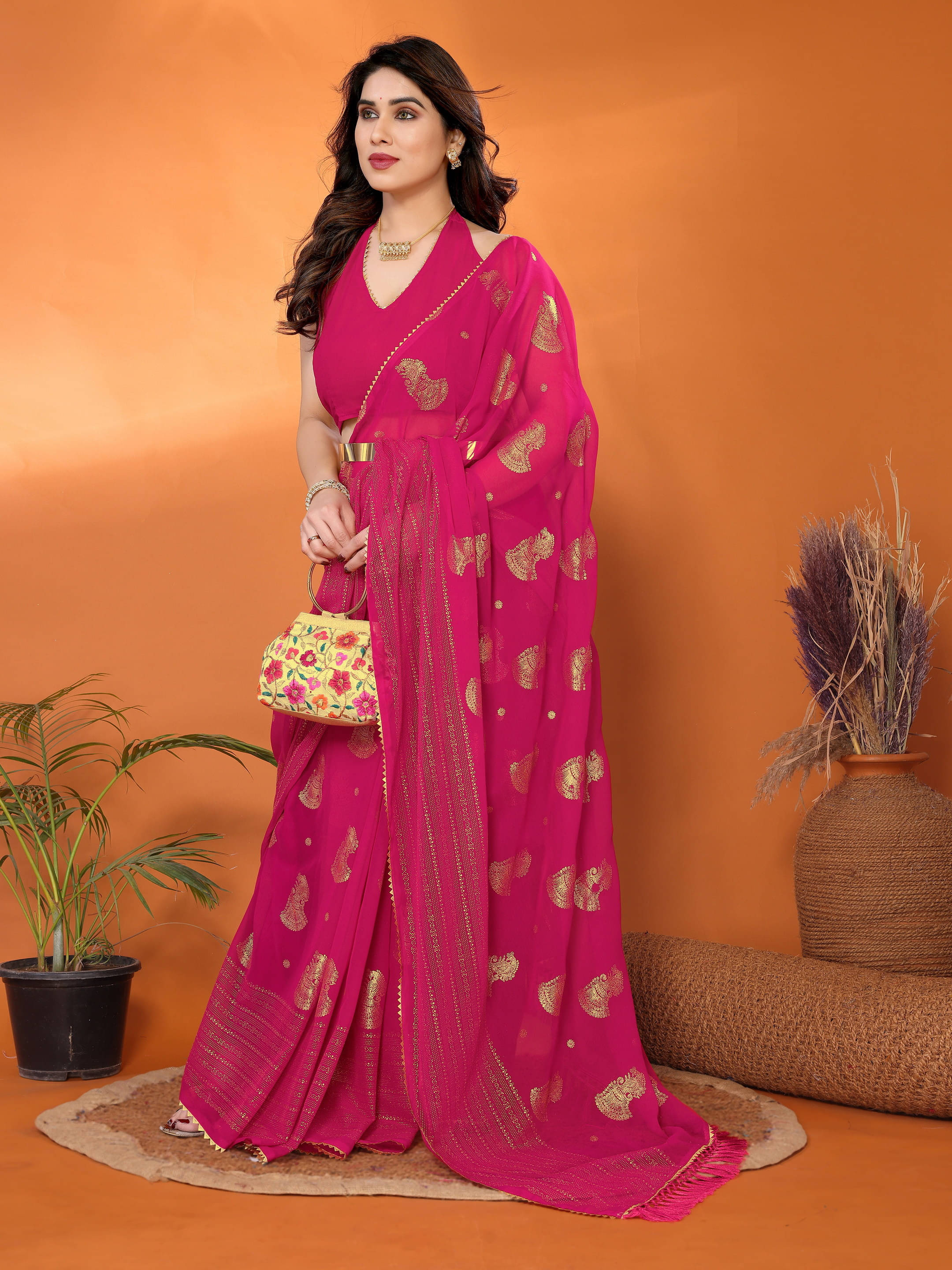 Sadika Georgette Striped Saree With Unstitched Blouse Piece ( Pink ) Sadika Georgette Striped Saree With Unstitched Blouse Piece ( Pink )