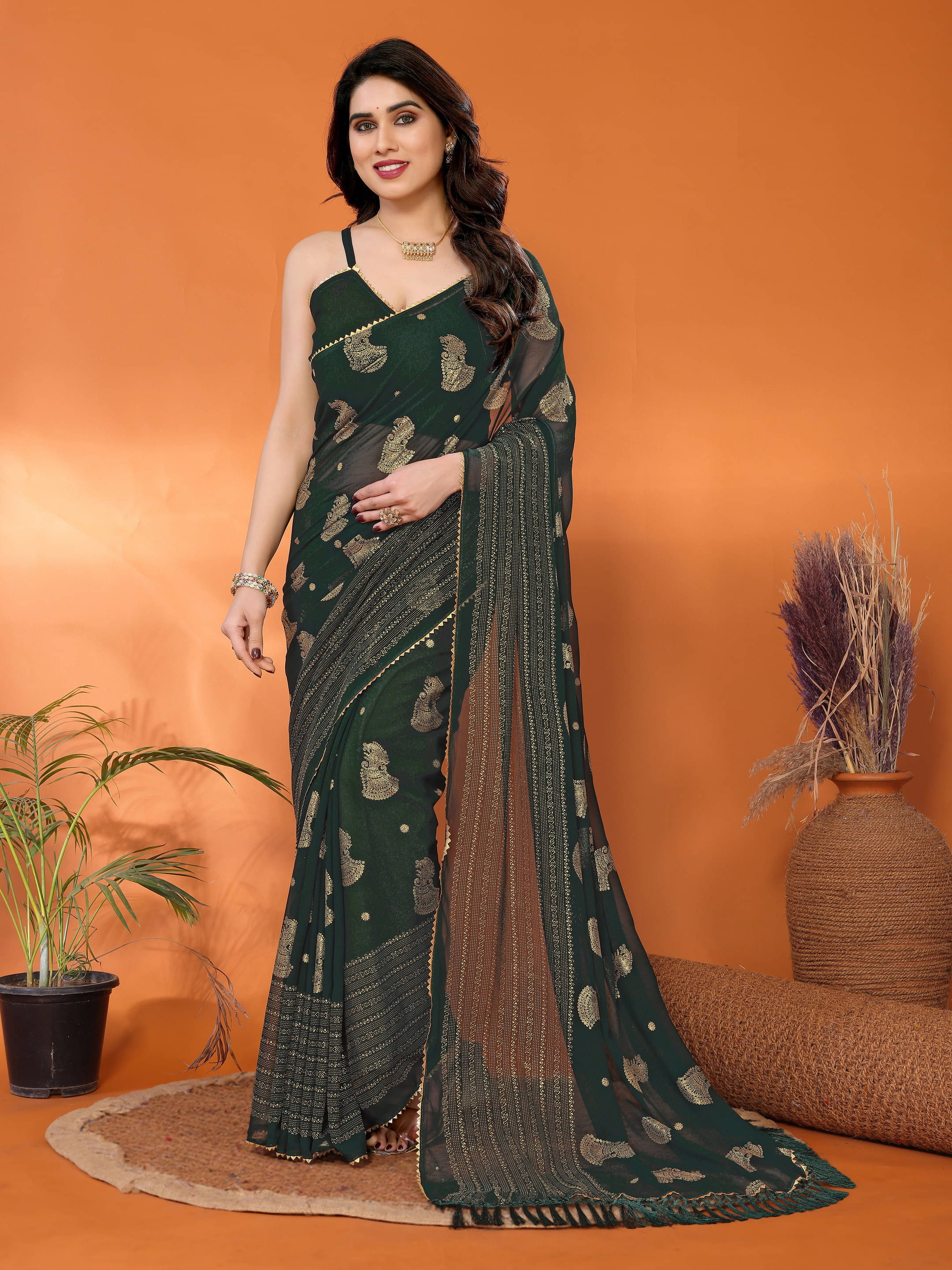 Sadika Georgette Striped Saree With Unstitched Blouse Piece ( Green ) Sadika Georgette Striped Saree With Unstitched Blouse Piece ( Green )