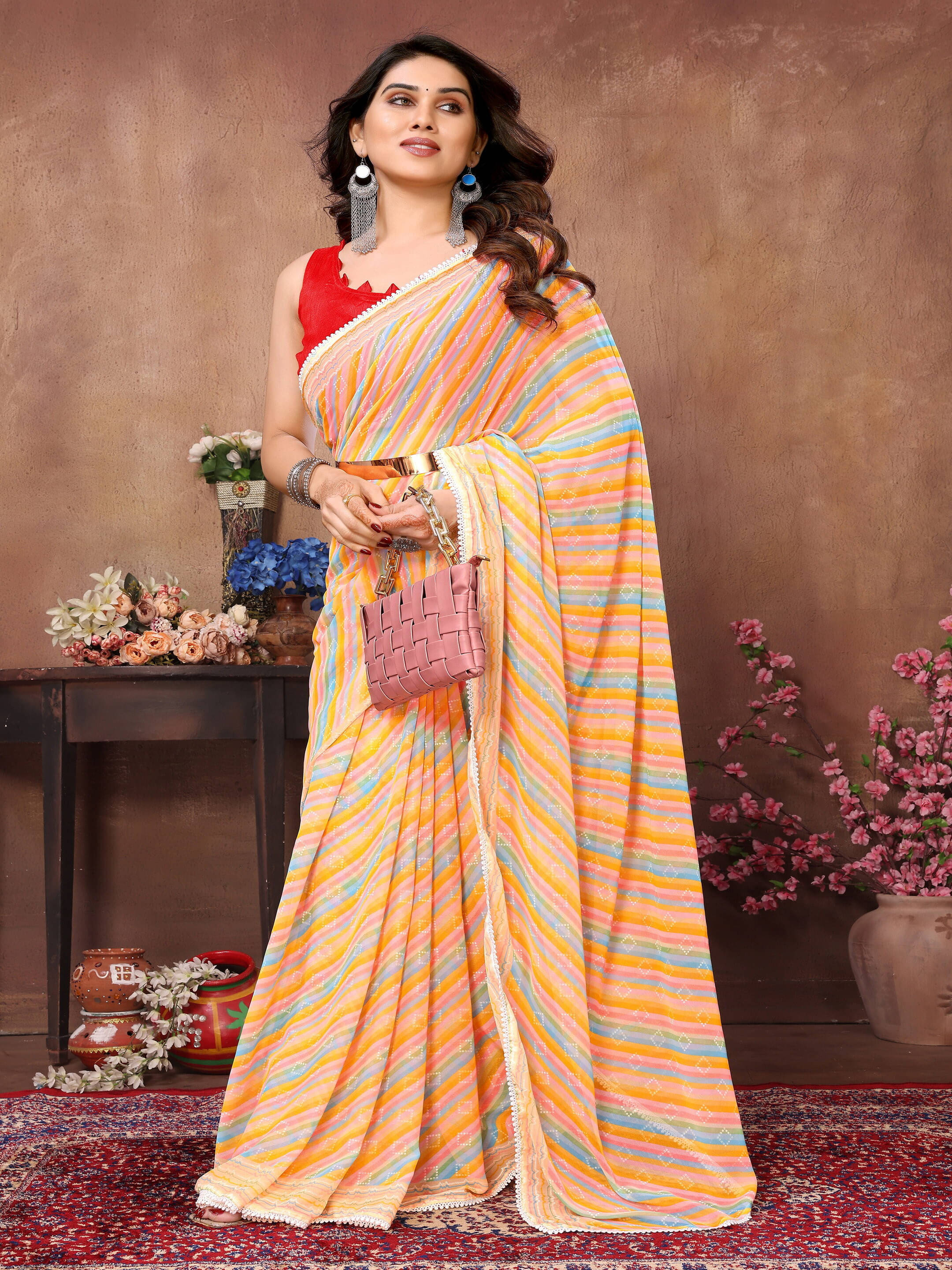 Sadika Georgette Striped Saree With Unstitched Blouse Piece ( Yellow ) Sadika Georgette Striped Saree With Unstitched Blouse Piece ( Yellow )