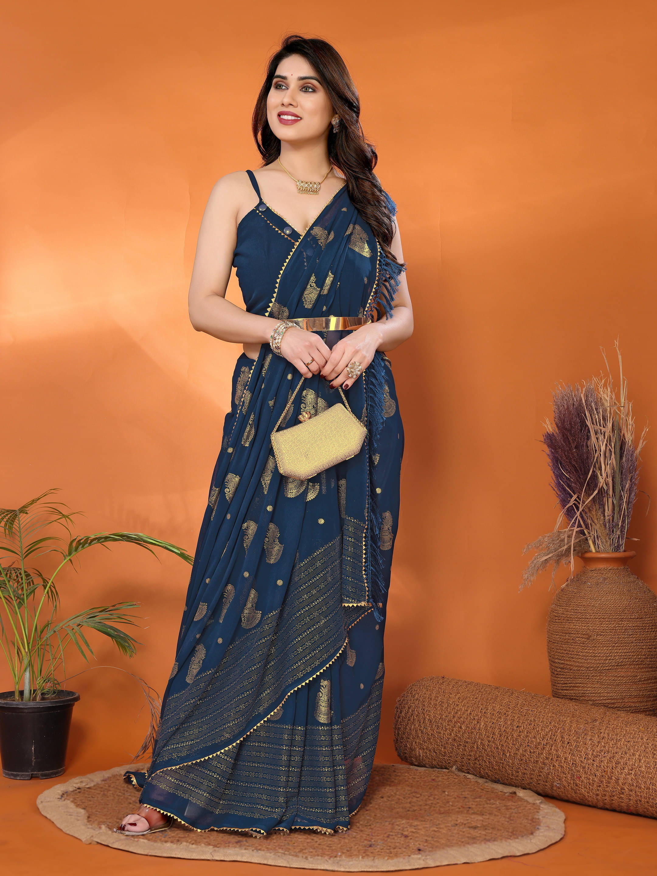 Sadika Georgette Striped Saree With Unstitched Blouse Piece ( Blue ) Sadika Georgette Striped Saree With Unstitched Blouse Piece ( Blue )