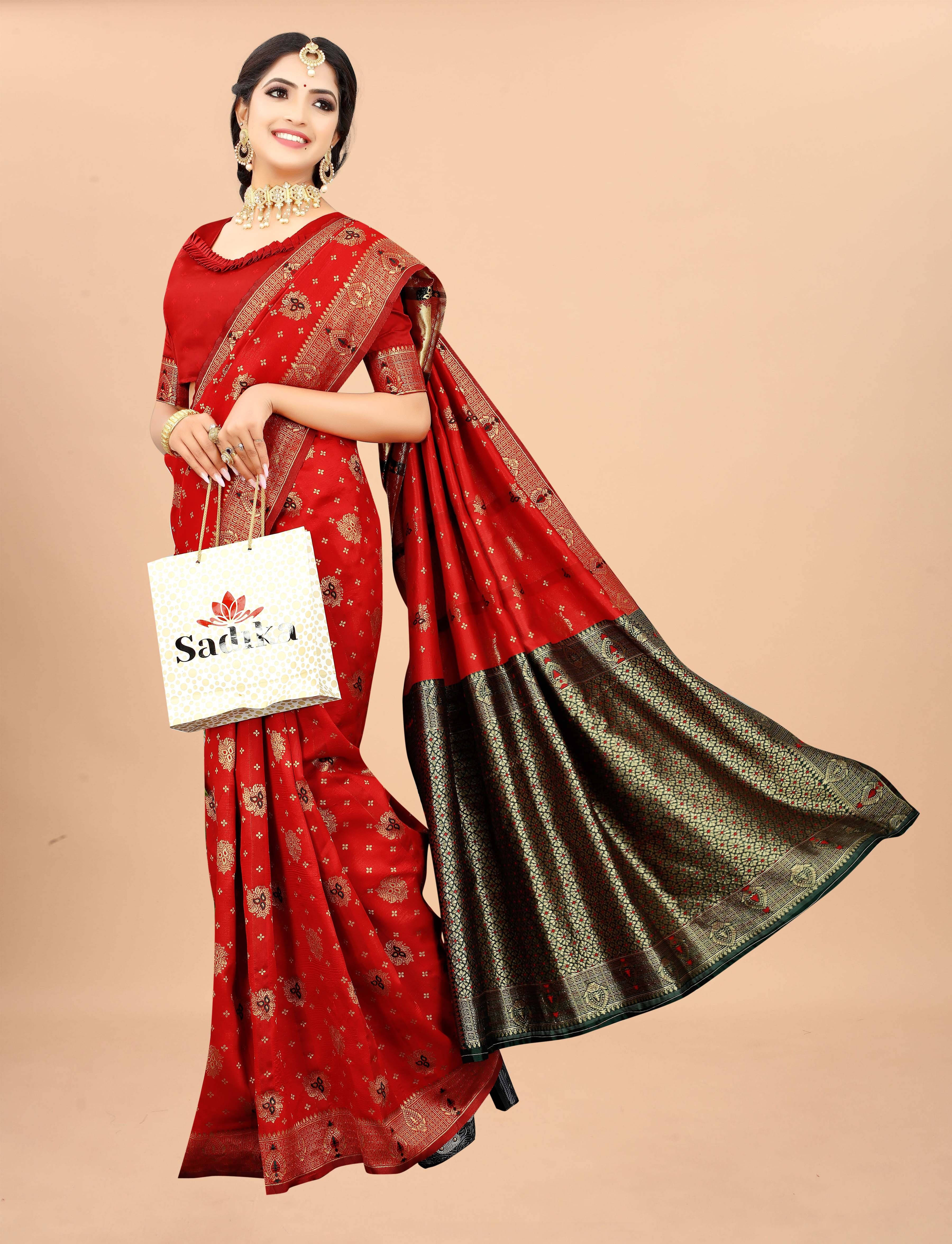     			Sadika Jacquard Woven Saree With Unstitched Blouse Piece ( Red )