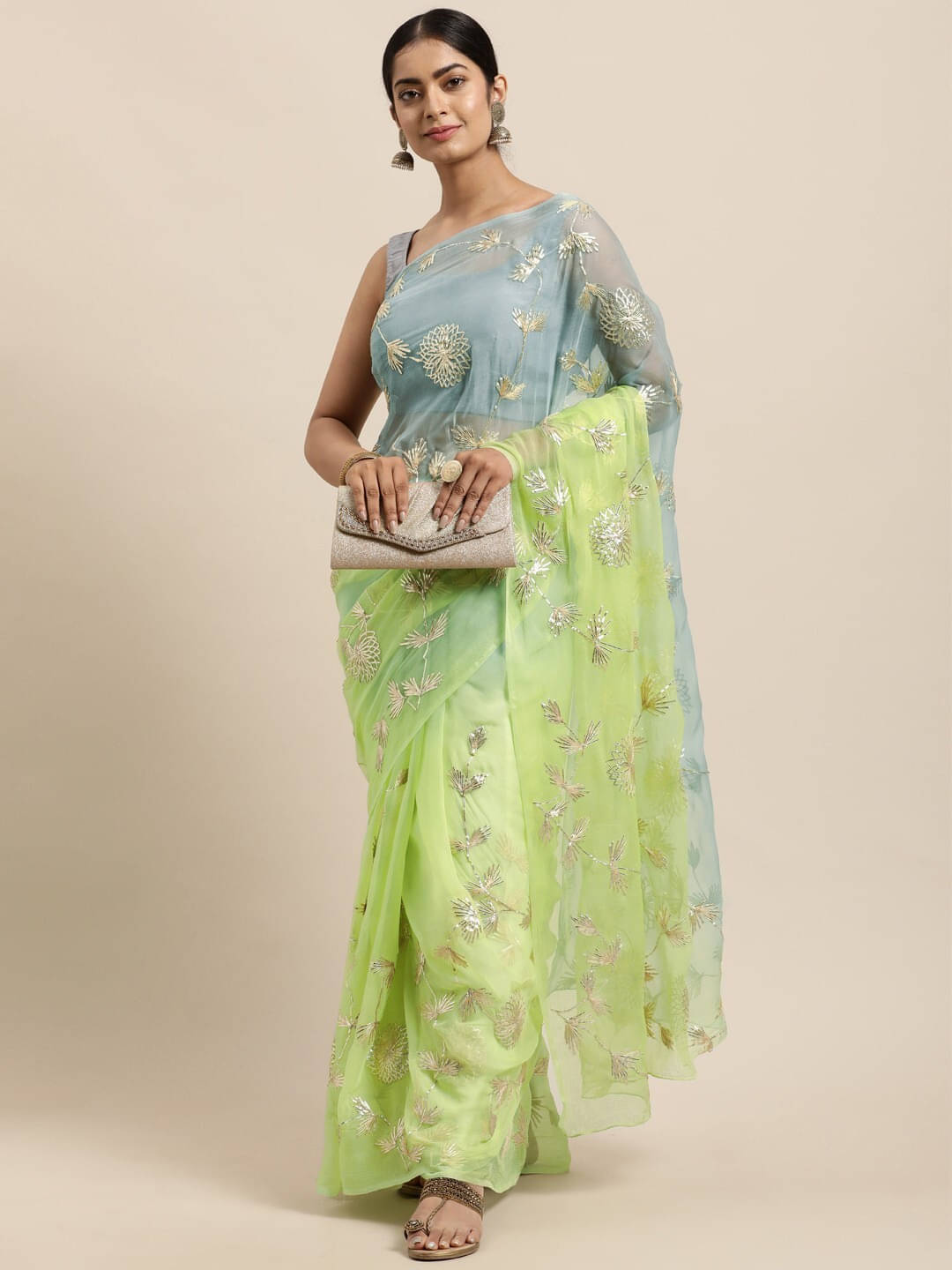 Sadika Organza Embroidered Saree With Unstitched Blouse Piece ( Grey ) Sadika Organza Embroidered Saree With Unstitched Blouse Piece ( Grey )