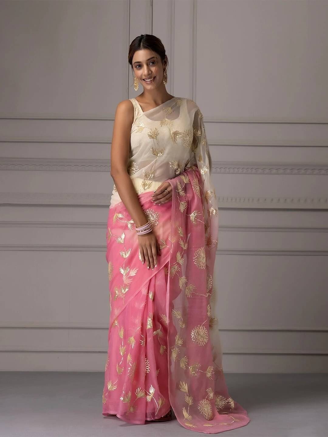     			Sadika Organza Embroidered Saree With Unstitched Blouse Piece ( Cream )