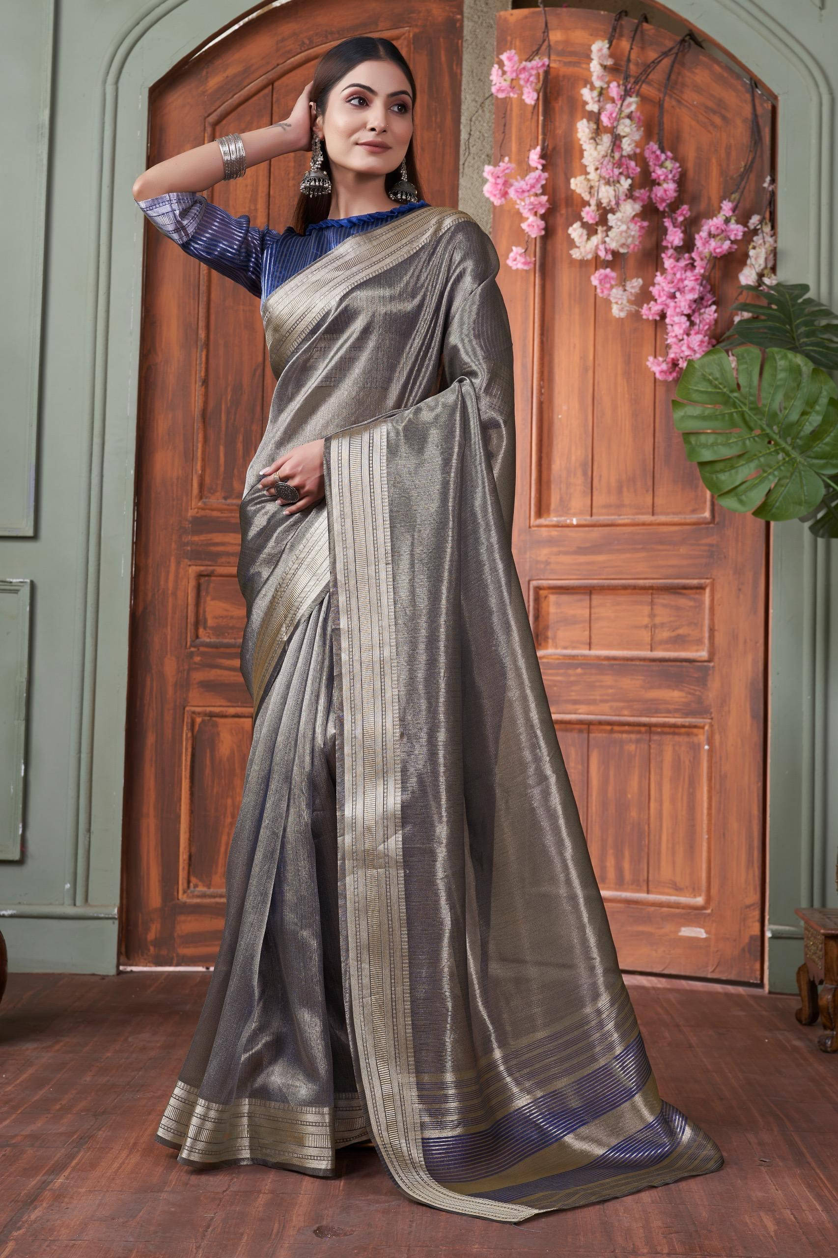    			Sadika Organza Woven Saree With Unstitched Blouse Piece ( Blue )