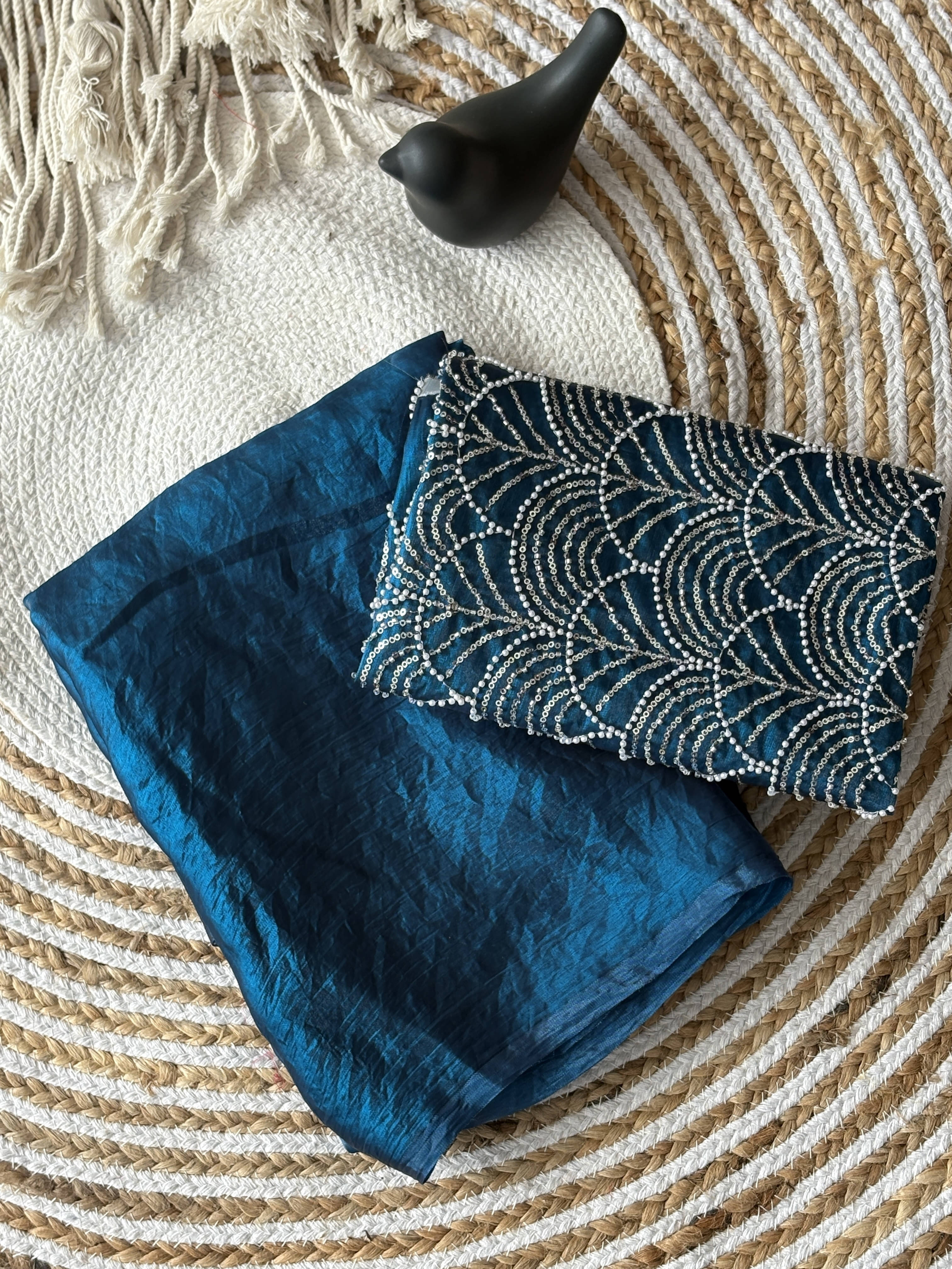 Sadika Satin Embellished Saree With Unstitched Blouse Piece ( Blue ) Sadika Satin Embellished Saree With Unstitched Blouse Piece ( Blue )