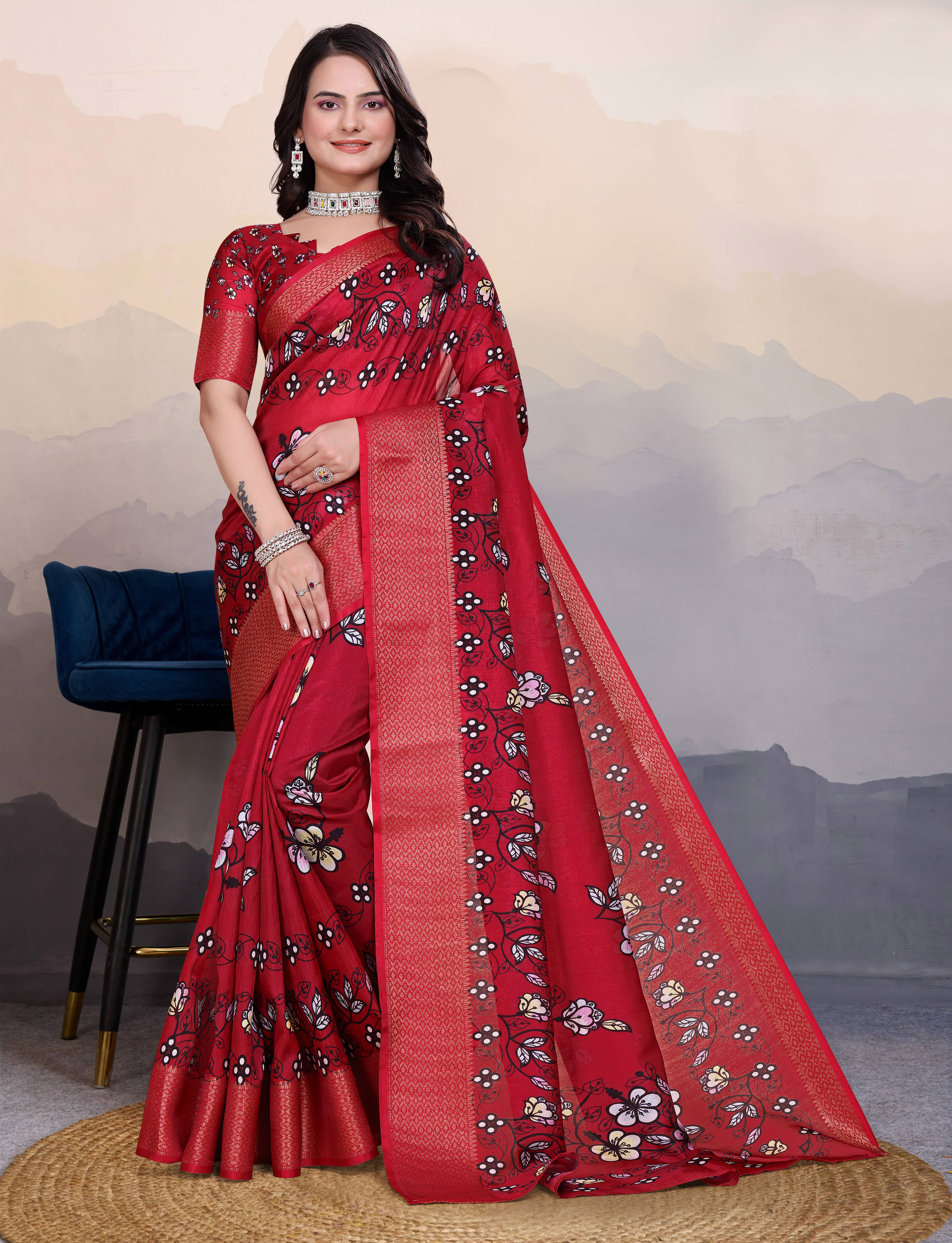     			Sadika Silk Blend Embellished Saree With Unstitched Blouse Piece ( Red )