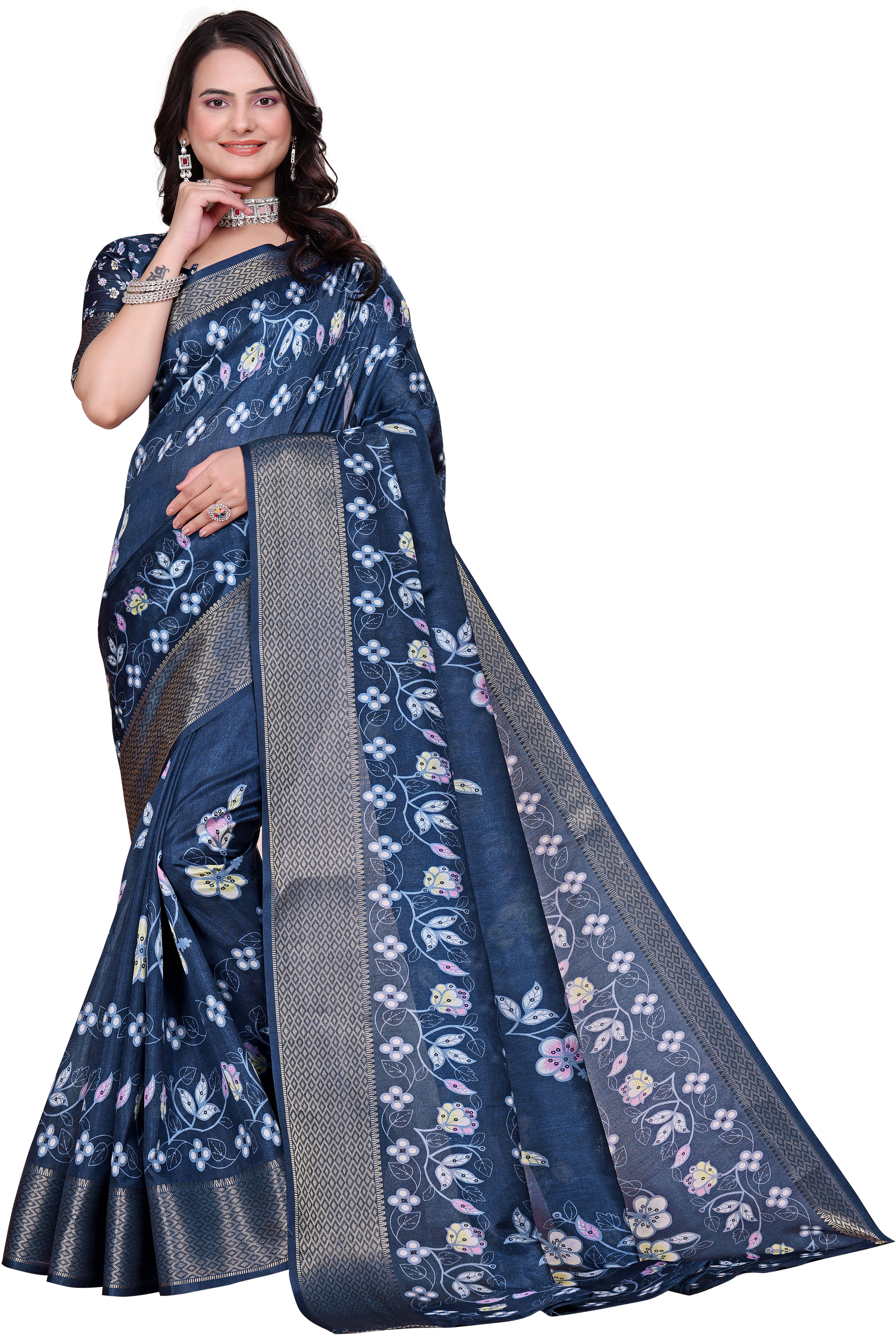     			Sadika Silk Blend Embellished Saree With Unstitched Blouse Piece ( Blue )