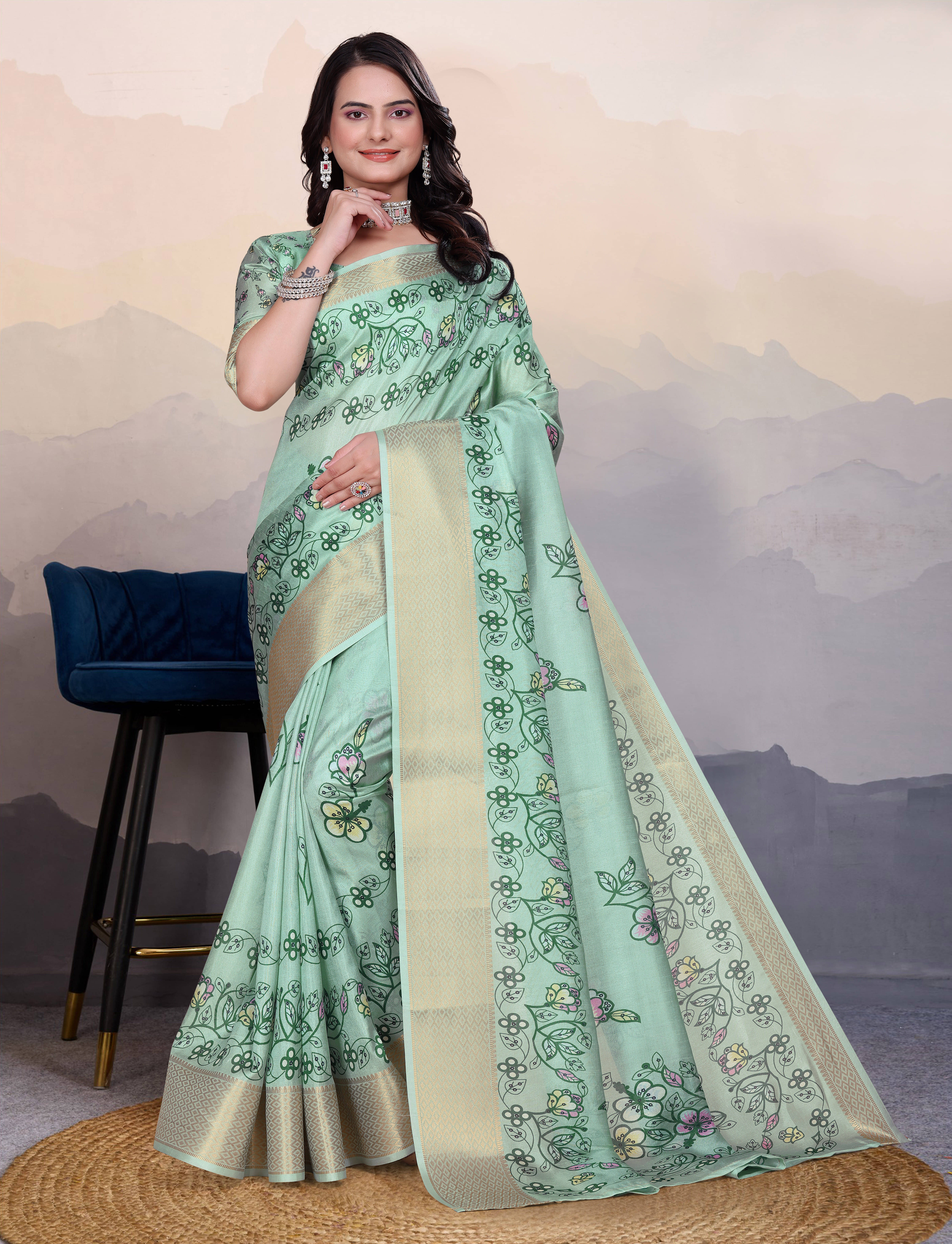     			Sadika Silk Blend Embellished Saree With Unstitched Blouse Piece ( Light Green )