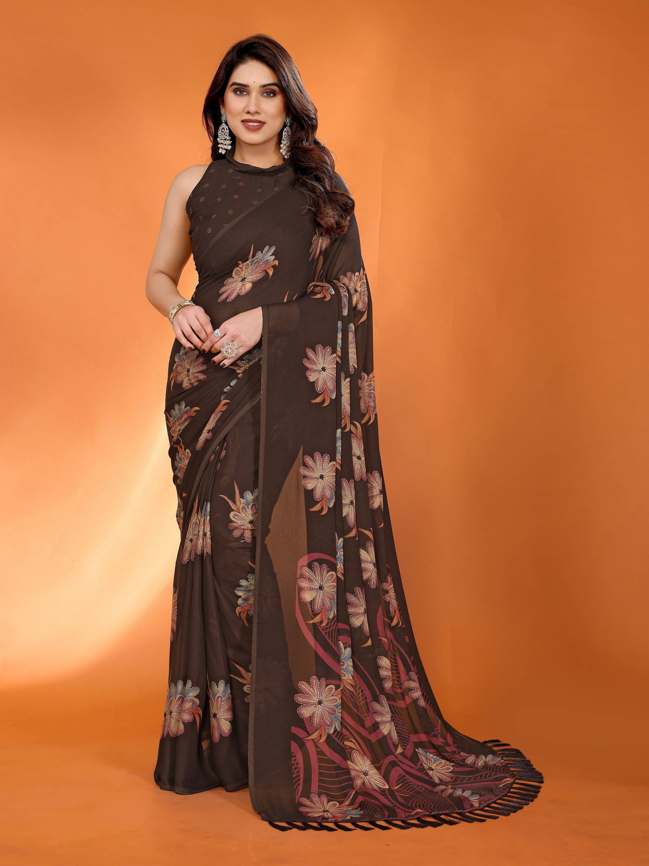 Sadika Silk Blend Embellished Saree With Unstitched Blouse Piece ( Brown ) Sadika Silk Blend Embellished Saree With Unstitched Blouse Piece ( Brown )