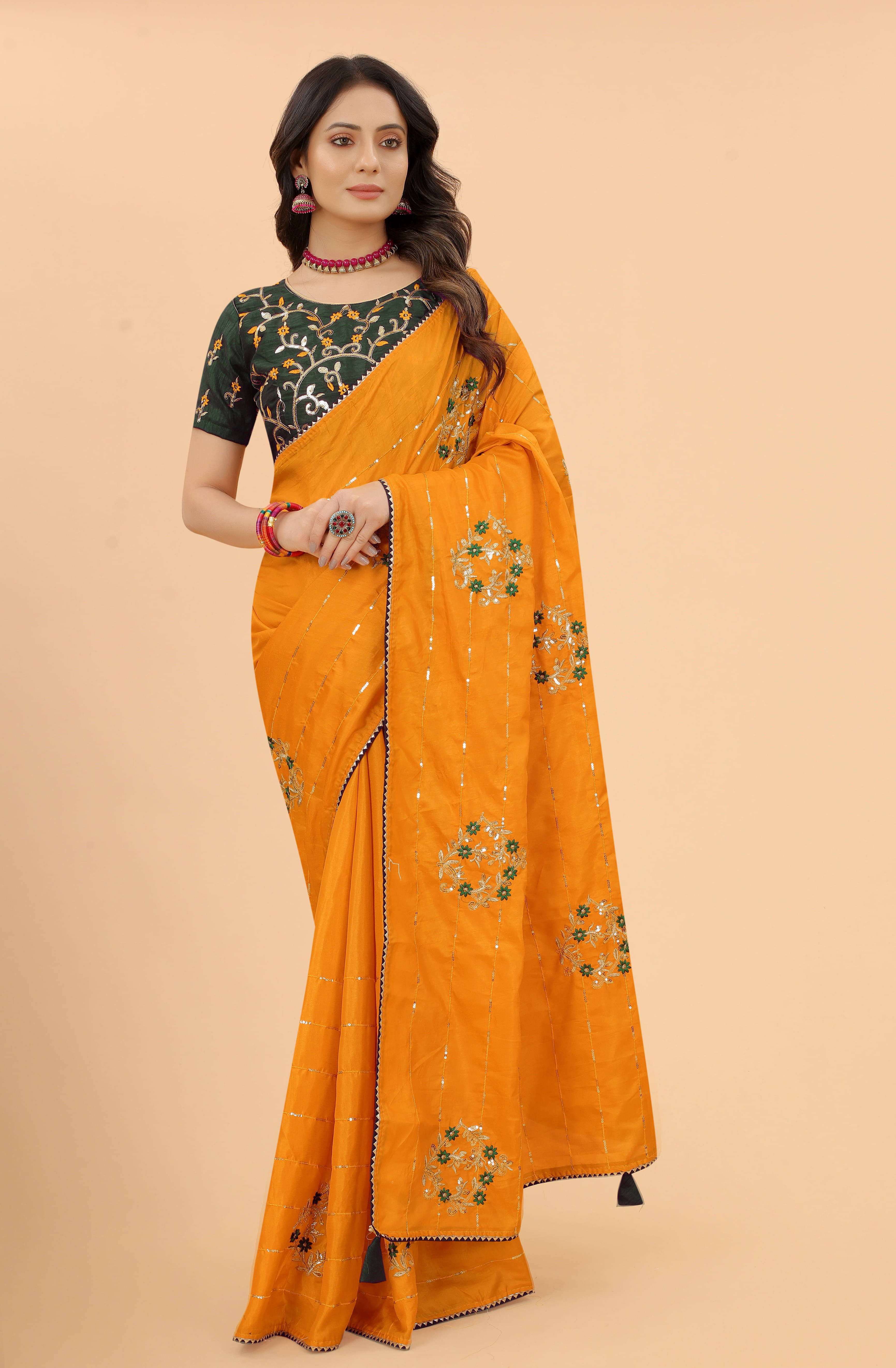     			Sadika Silk Blend Embroidered Saree With Unstitched Blouse Piece ( Yellow )