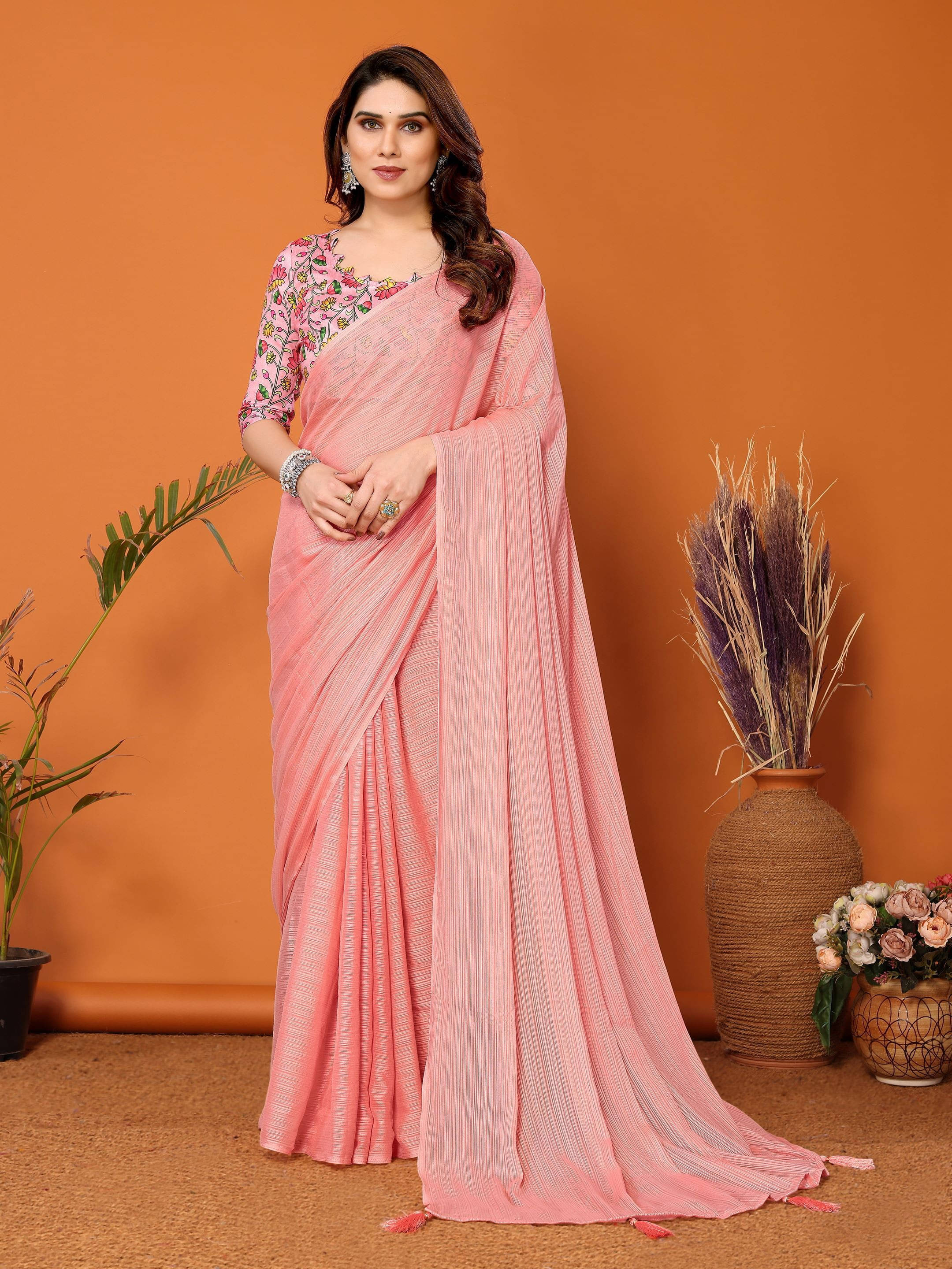 Sadika Silk Blend Printed Saree With Unstitched Blouse Piece ( Pink ) Sadika Silk Blend Printed Saree With Unstitched Blouse Piece ( Pink )