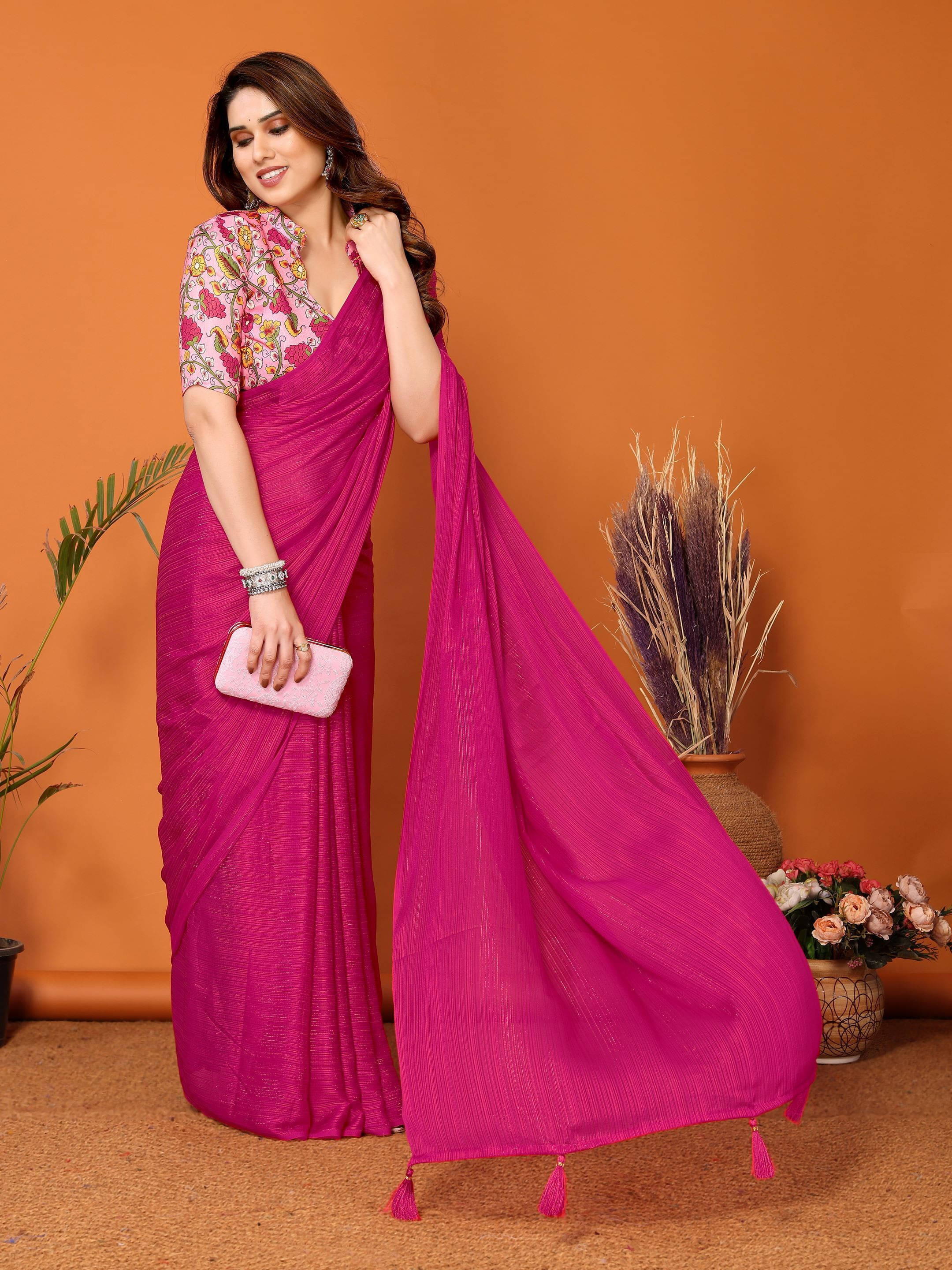     			Sadika Silk Blend Printed Saree With Unstitched Blouse Piece ( Pink )