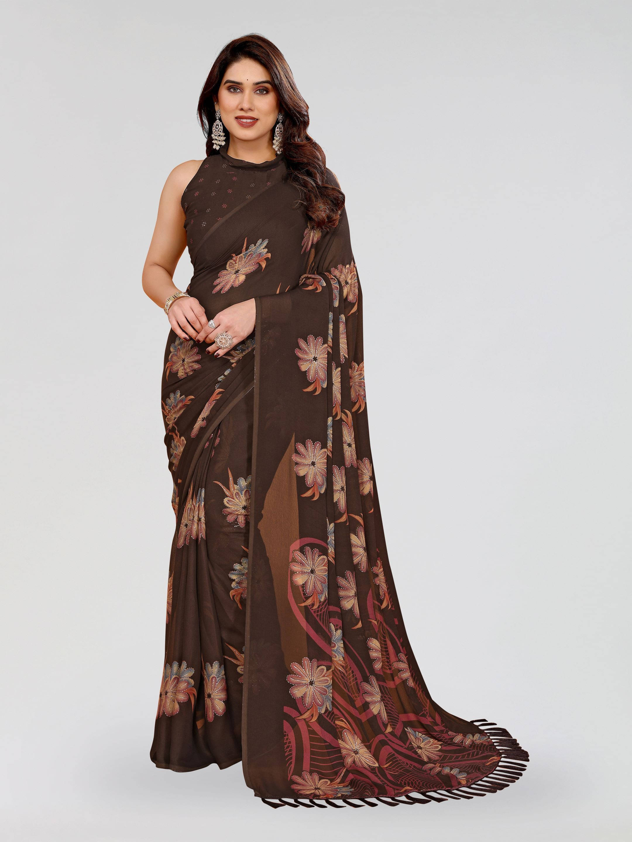 Sadika Silk Blend Printed Saree With Unstitched Blouse Piece ( Brown ) Sadika Silk Blend Printed Saree With Unstitched Blouse Piece ( Brown )