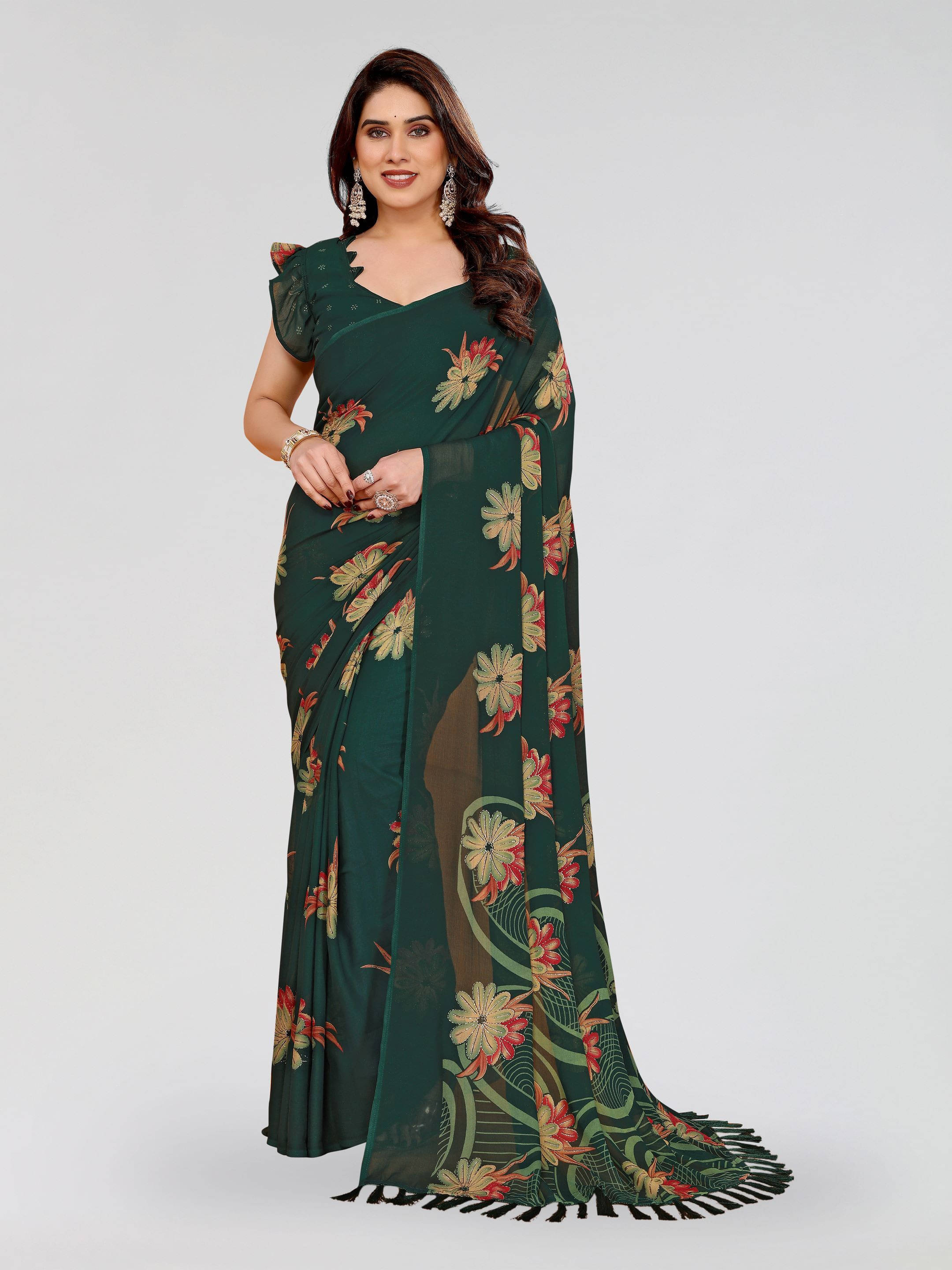 Sadika Silk Blend Printed Saree With Unstitched Blouse Piece ( Green ) Sadika Silk Blend Printed Saree With Unstitched Blouse Piece ( Green )
