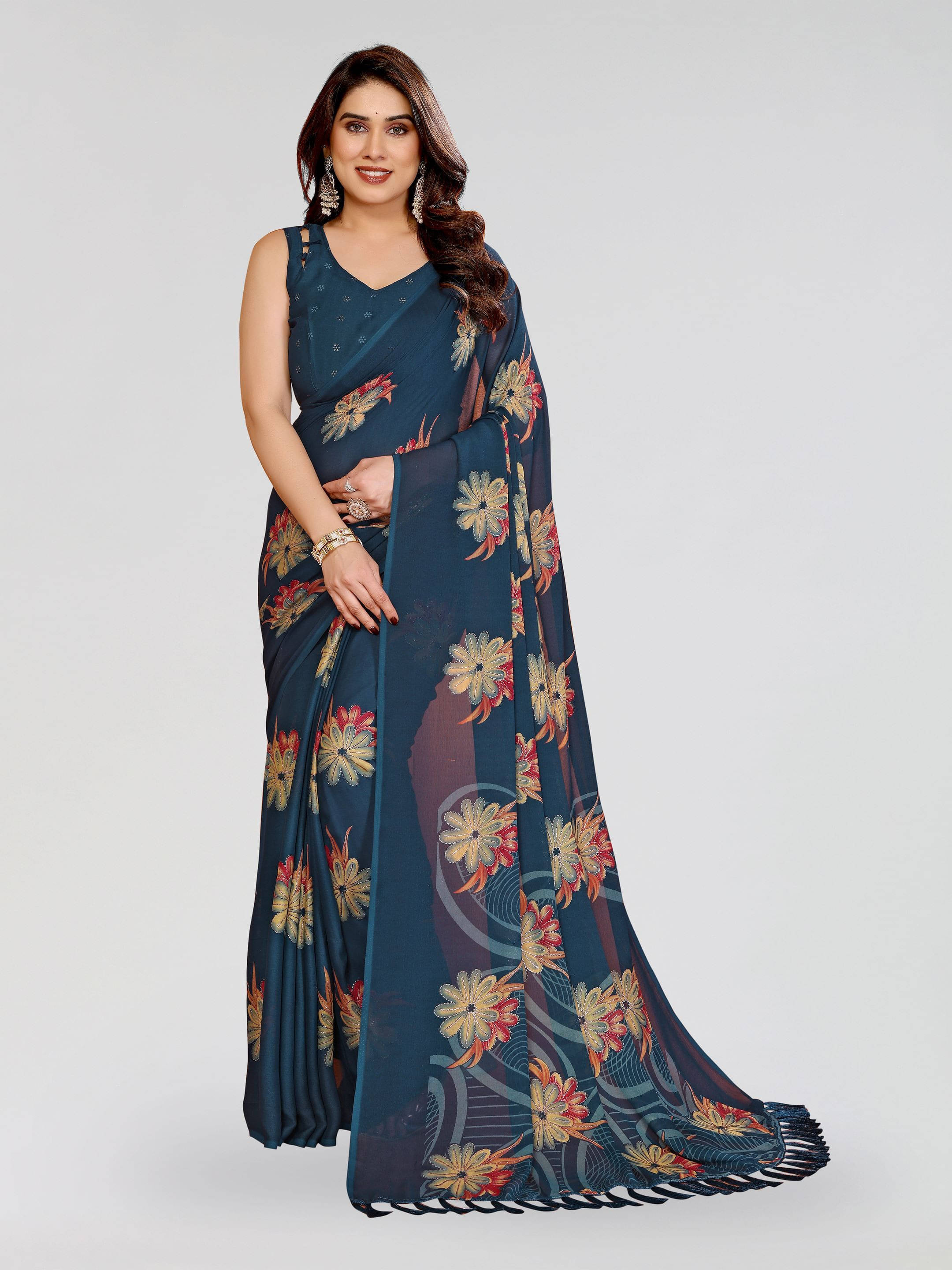 Sadika Silk Blend Printed Saree With Unstitched Blouse Piece ( Blue ) Sadika Silk Blend Printed Saree With Unstitched Blouse Piece ( Blue )