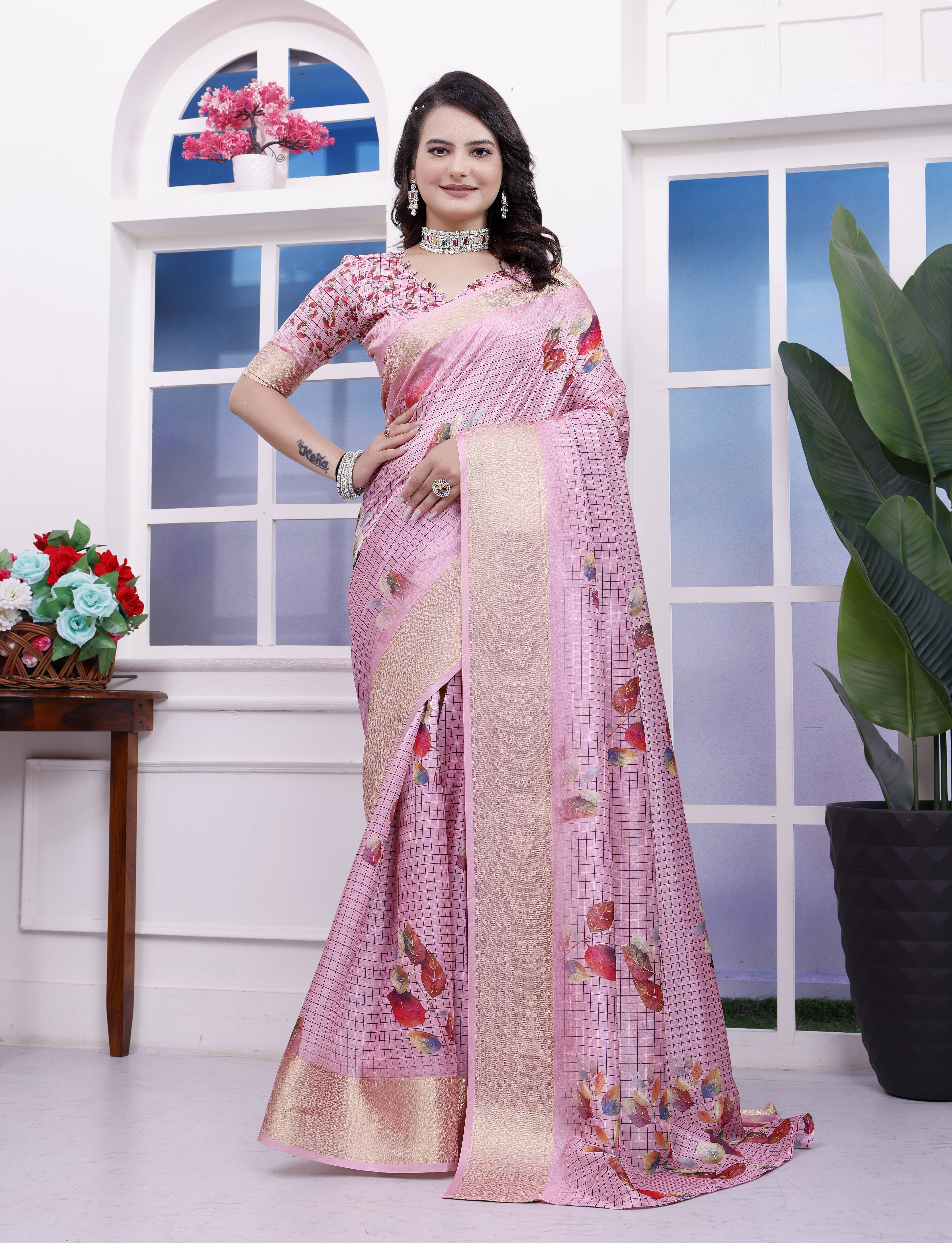 Sadika Silk Printed Saree With Unstitched Blouse Piece ( Pink ) Sadika Silk Printed Saree With Unstitched Blouse Piece ( Pink )