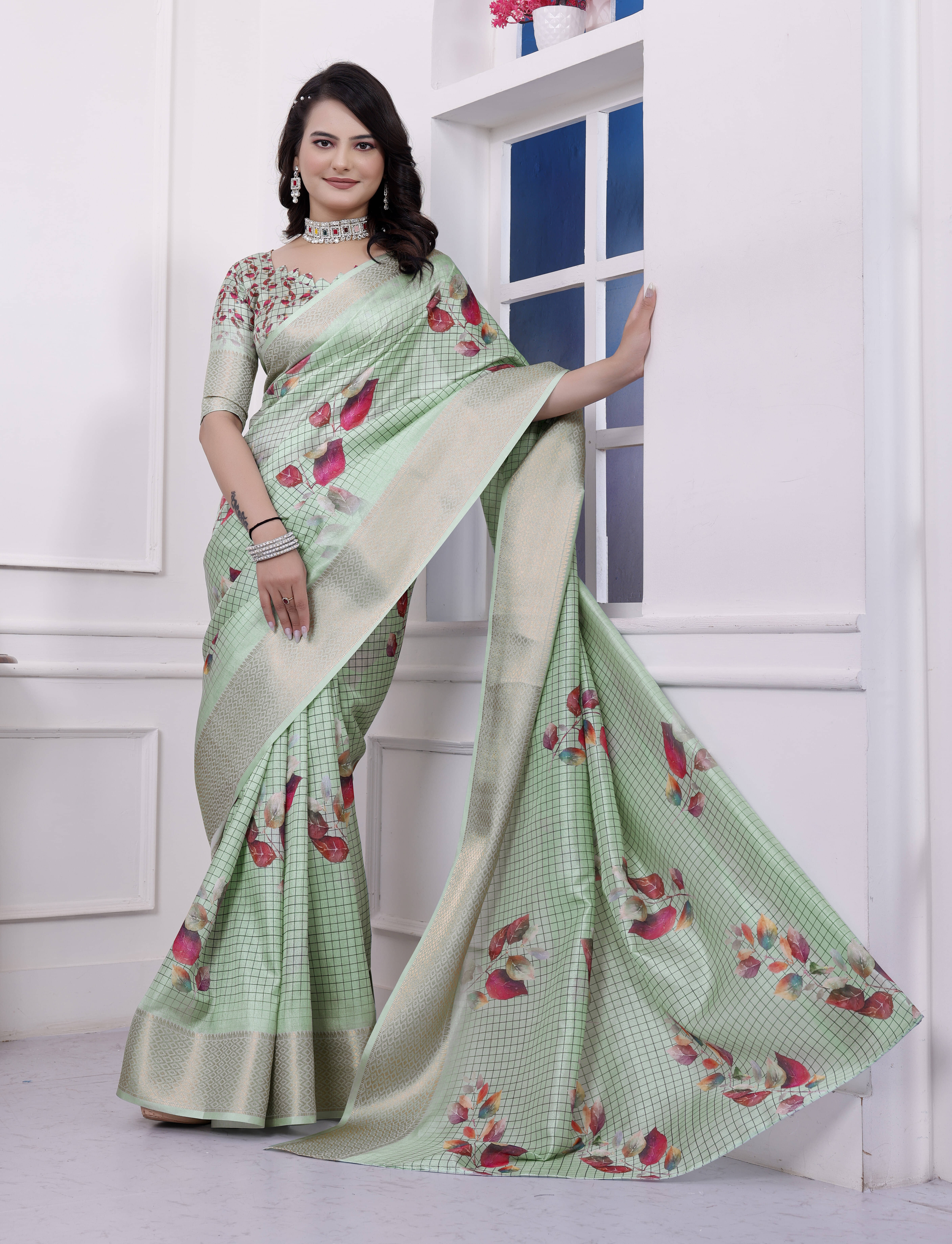Sadika Silk Printed Saree With Unstitched Blouse Piece ( Light Green ) Sadika Silk Printed Saree With Unstitched Blouse Piece ( Light Green )