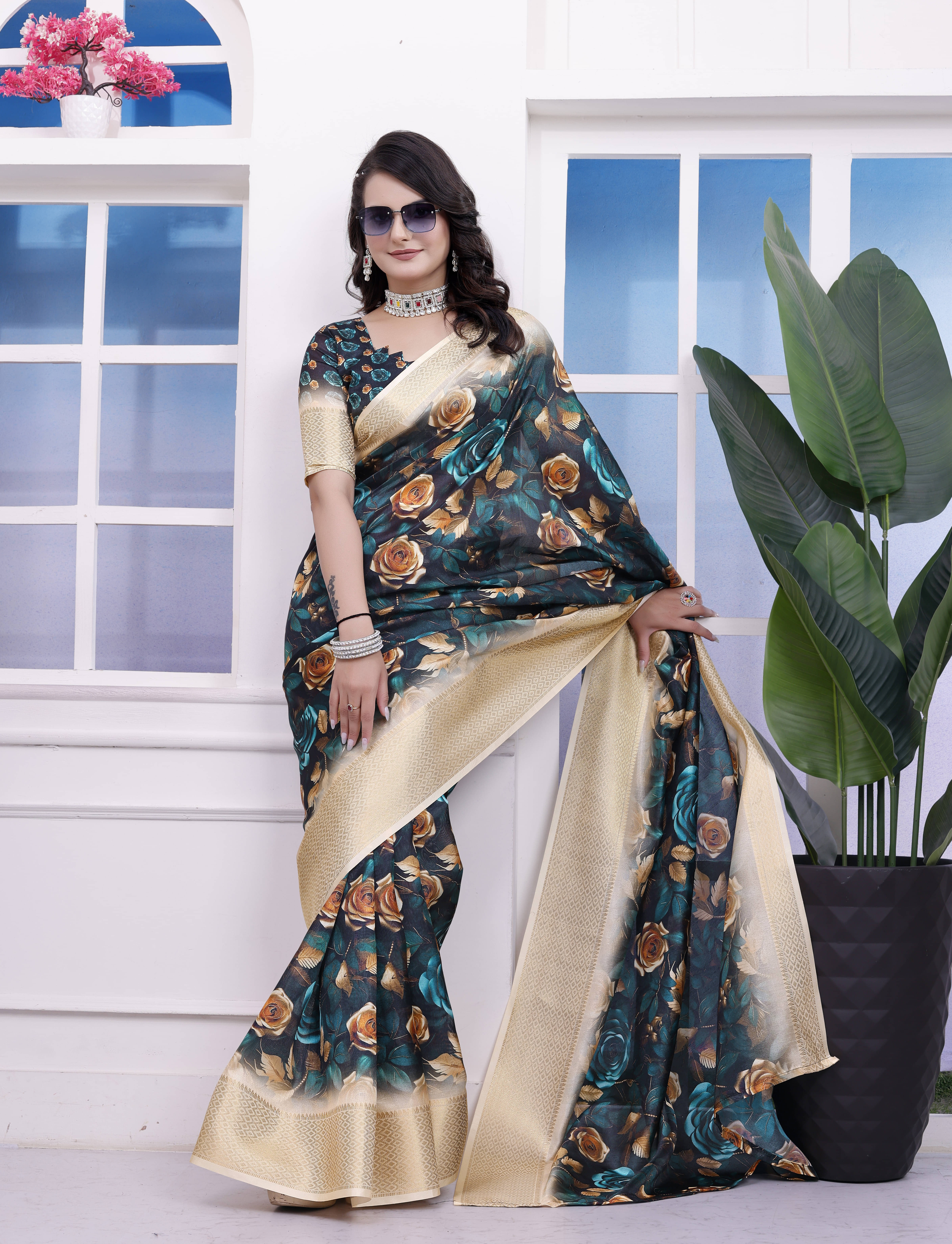     			Sadika Silk Printed Saree With Unstitched Blouse Piece ( Black )