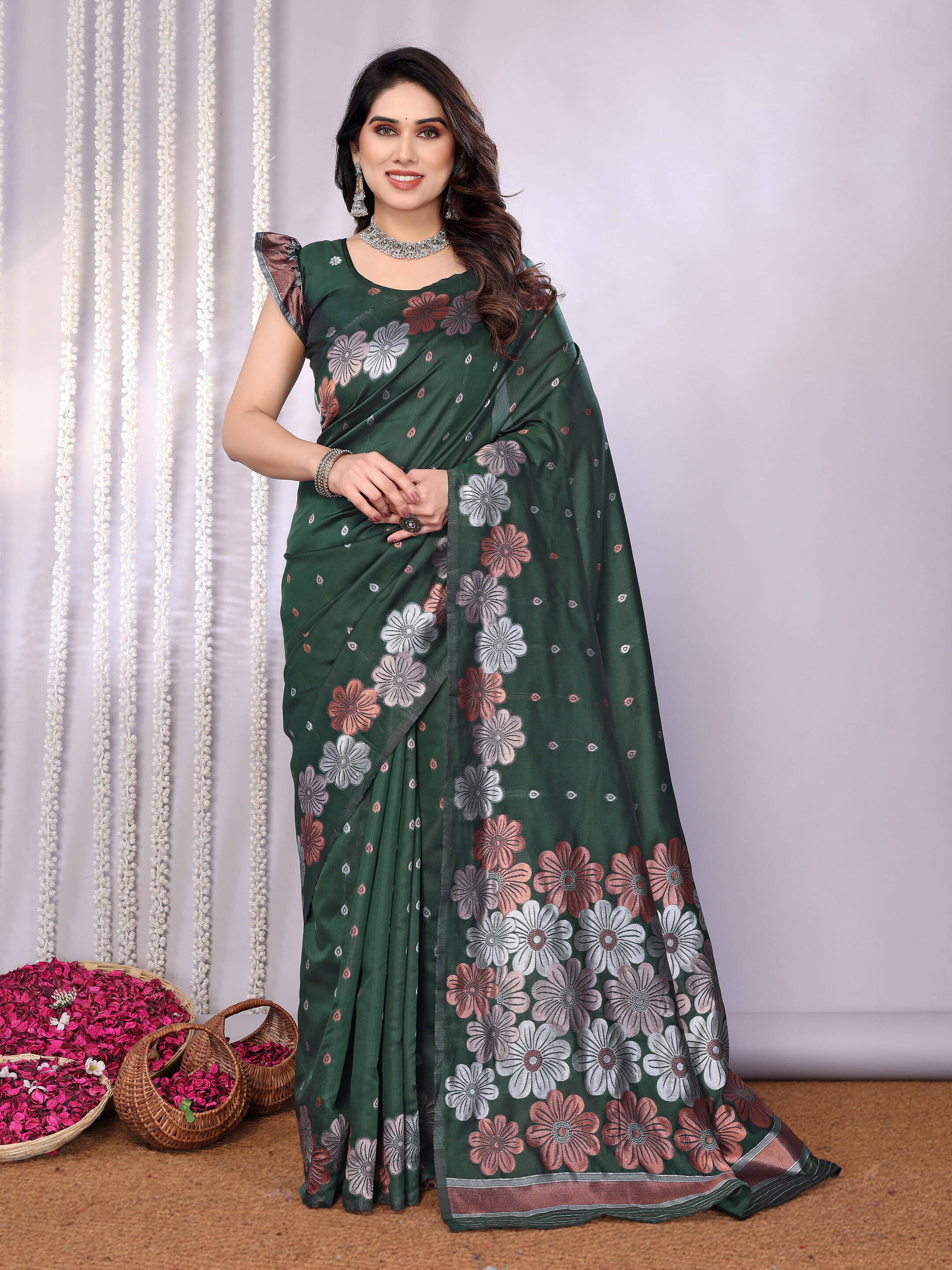     			Sadika Silk Self Design Saree With Unstitched Blouse Piece ( Green )