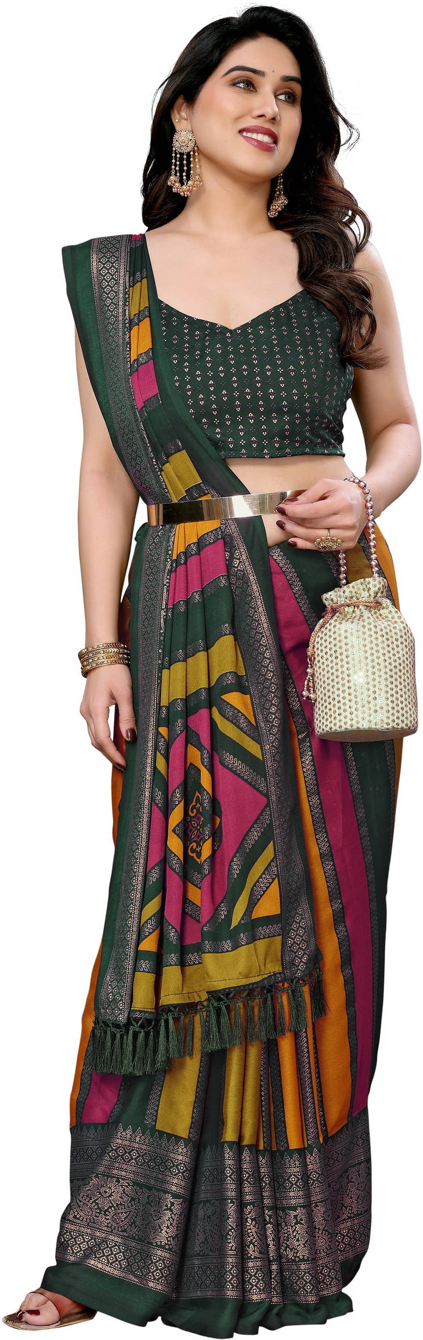     			Sadika Silk Striped Saree With Unstitched Blouse Piece ( Green )