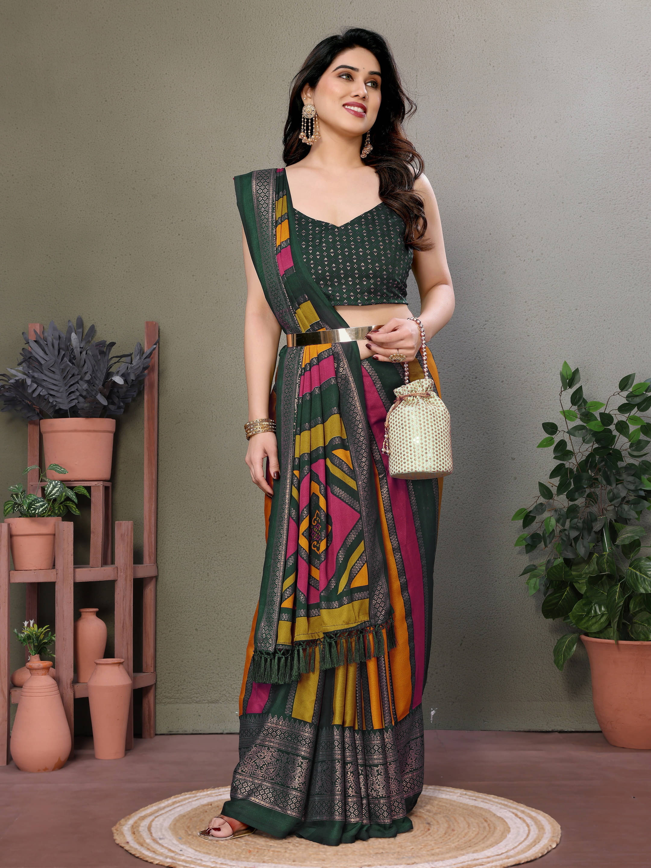     			Sadika Silk Striped Saree With Unstitched Blouse Piece ( Green )