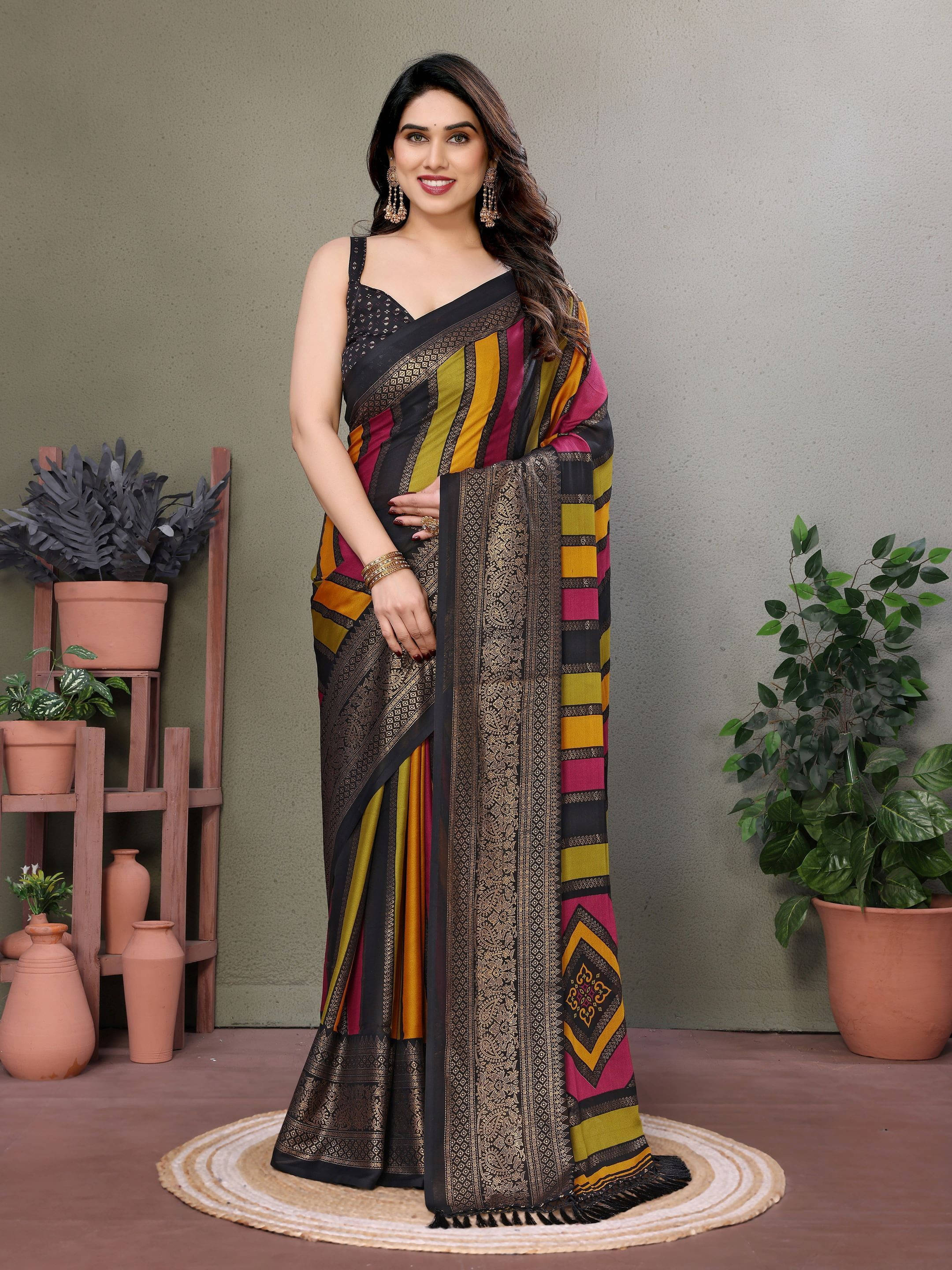     			Sadika Silk Striped Saree With Unstitched Blouse Piece ( Black )