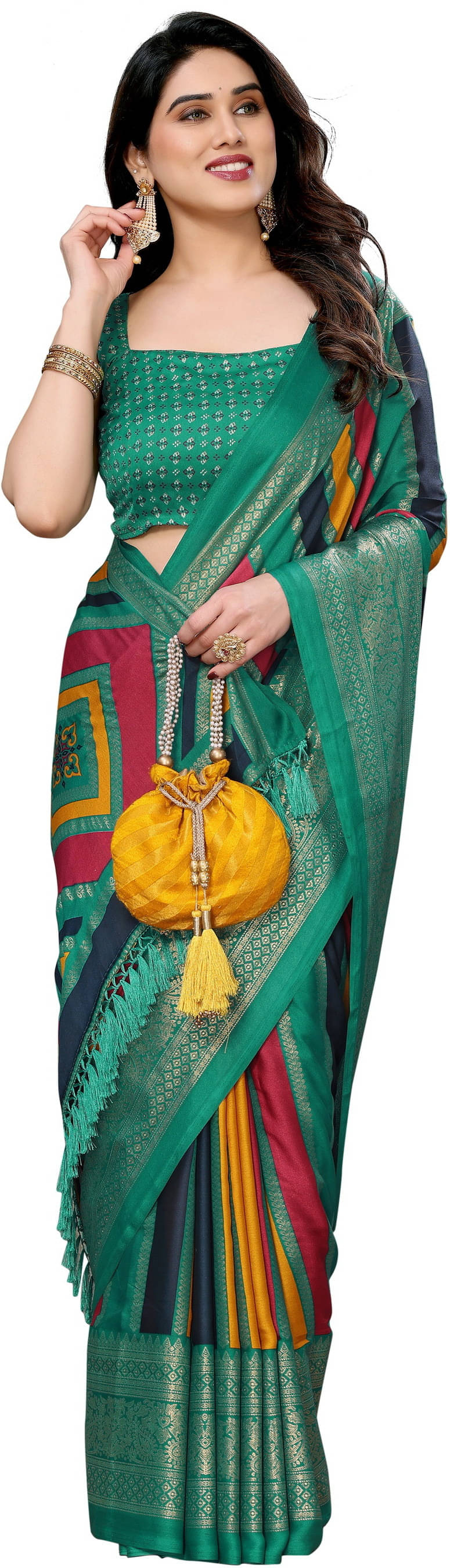     			Sadika Silk Striped Saree With Unstitched Blouse Piece ( Green )