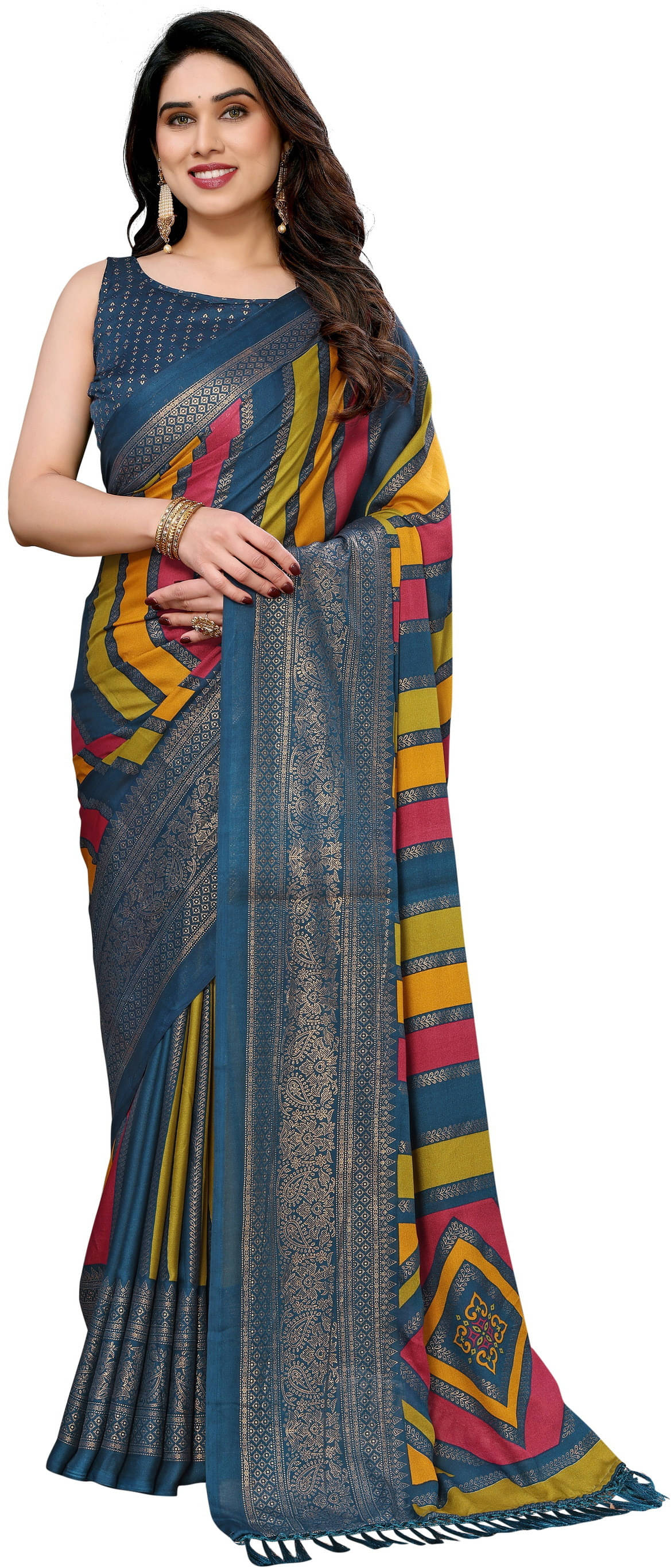 Sadika Silk Striped Saree With Unstitched Blouse Piece ( Blue ) Sadika Silk Striped Saree With Unstitched Blouse Piece ( Blue )