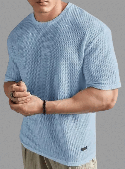 THAWE PARIDHAN Men Cotton Blend Regular Fit Solid T-Shirt ( Sky Blue )     			THAWE PARIDHAN Men Cotton Blend Regular Fit Solid T-Shirt ( Sky Blue )