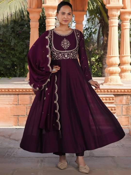     			Topshop Fashion Women Silk Blend Embroidered Anarkali Kurti With Pants ( Wine )
