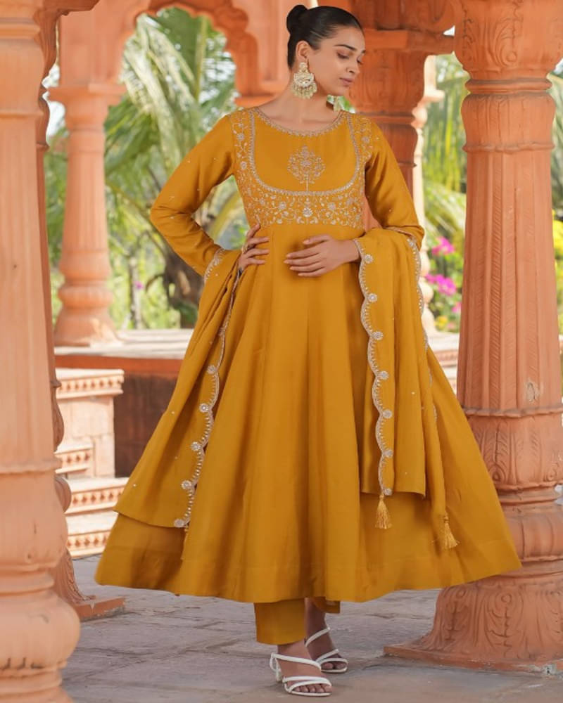 Topshop Fashion Women Silk Blend Embroidered Anarkali Kurti With Pants ( Mustard ) Topshop Fashion Women Silk Blend Embroidered Anarkali Kurti With Pants ( Mustard )