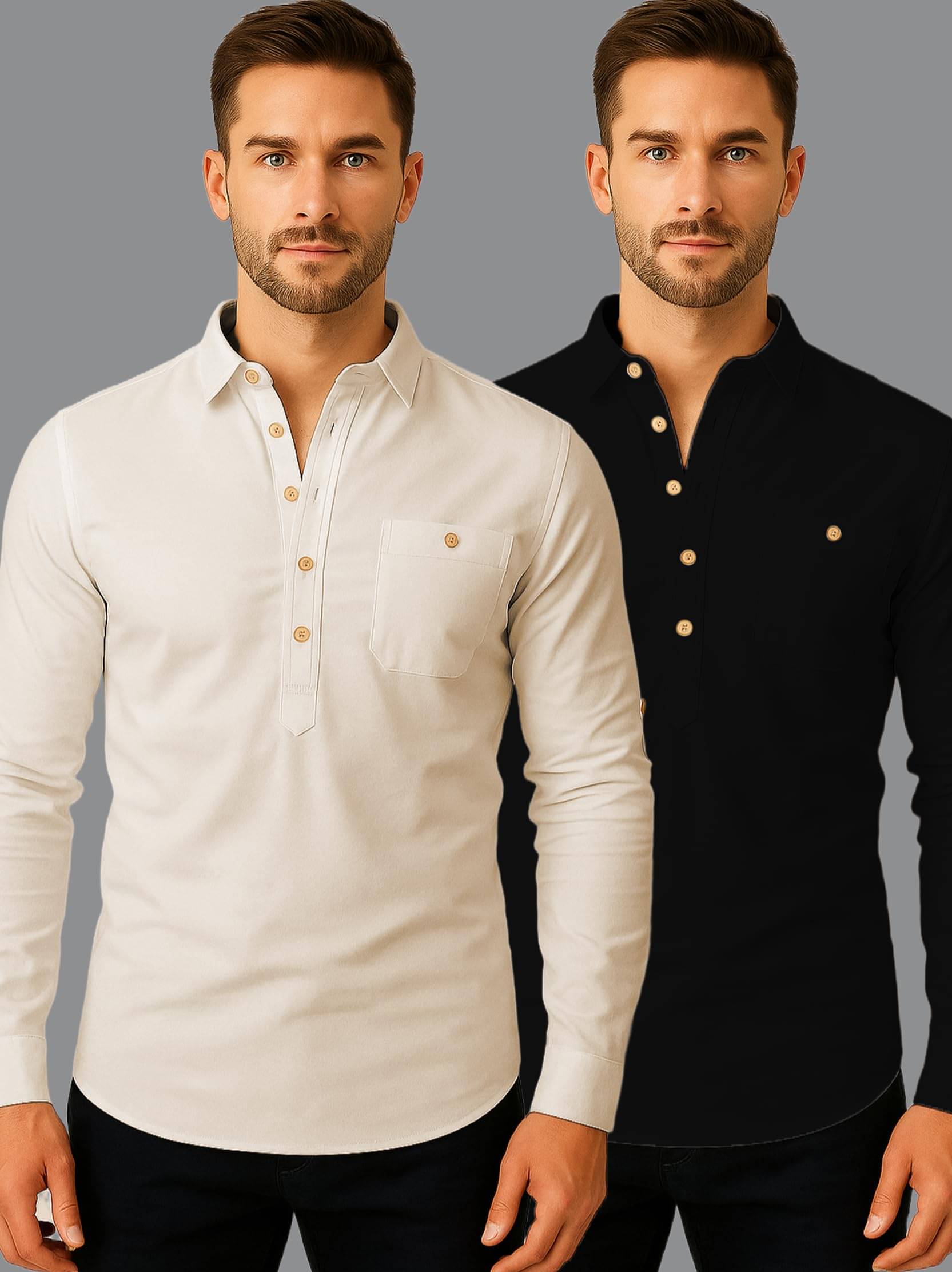     			UNI VIBE Beige Cotton Blend Men's Shirt Style Kurta ( Pack of 2 )