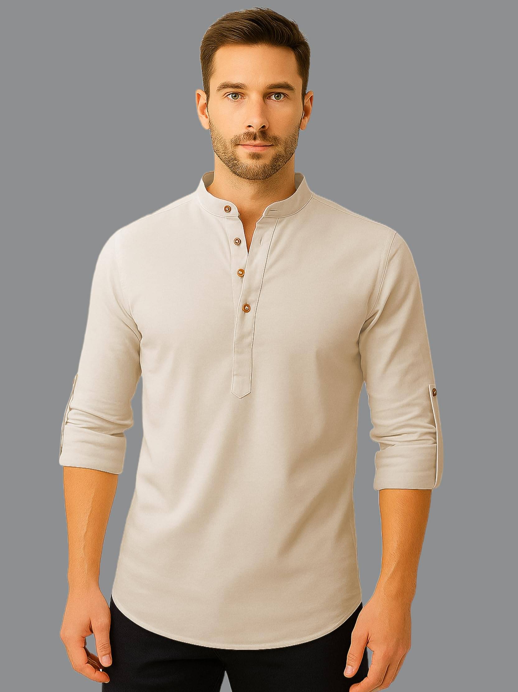 UNI VIBE Beige Cotton Blend Men's Shirt Style Kurta ( Pack of 1 ) UNI VIBE Beige Cotton Blend Men's Shirt Style Kurta ( Pack of 1 )
