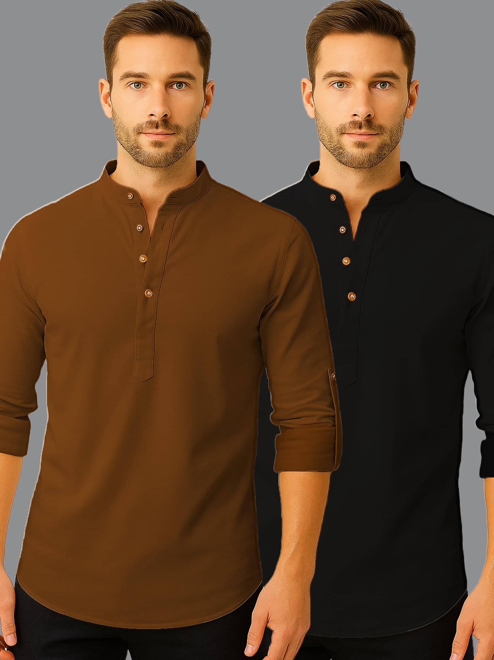 UNI VIBE Brown Cotton Blend Men's Shirt Style Kurta ( Pack of 2 ) UNI VIBE Brown Cotton Blend Men's Shirt Style Kurta ( Pack of 2 )