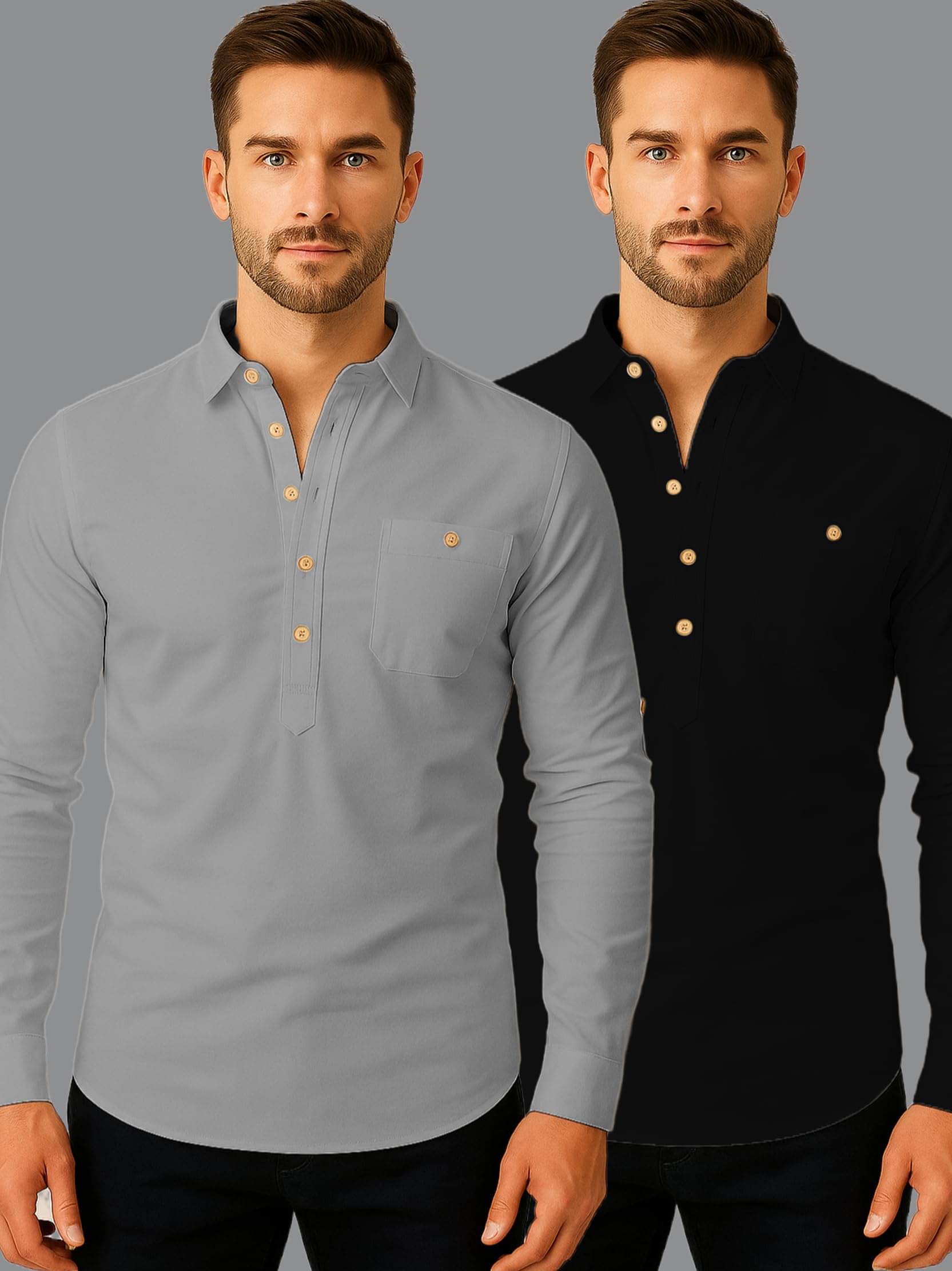 UNI VIBE Grey Cotton Blend Men's Shirt Style Kurta ( Pack of 2 ) UNI VIBE Grey Cotton Blend Men's Shirt Style Kurta ( Pack of 2 )