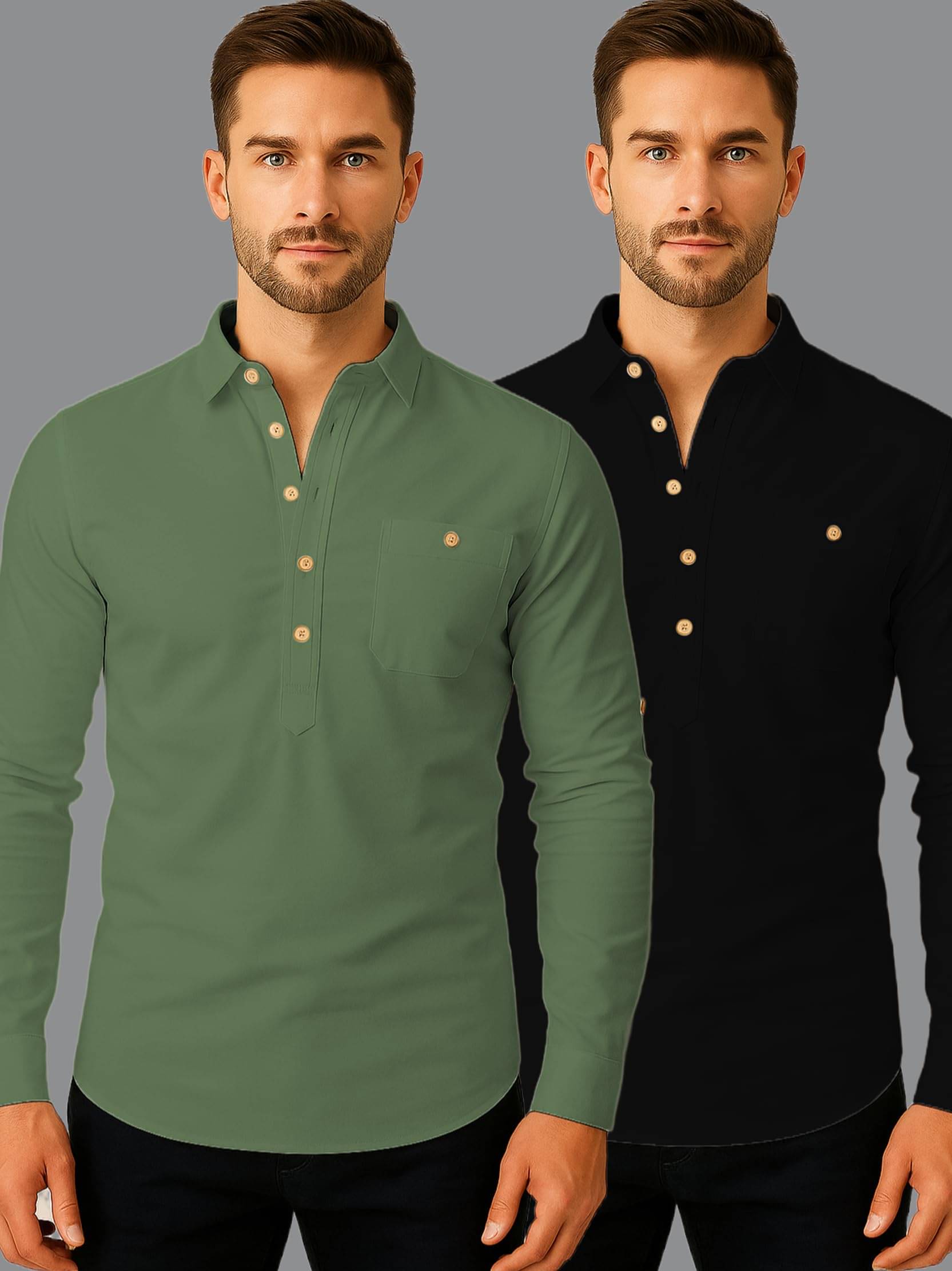 UNI VIBE Light Green Cotton Blend Men's Shirt Style Kurta ( Pack of 2 ) UNI VIBE Light Green Cotton Blend Men's Shirt Style Kurta ( Pack of 2 )