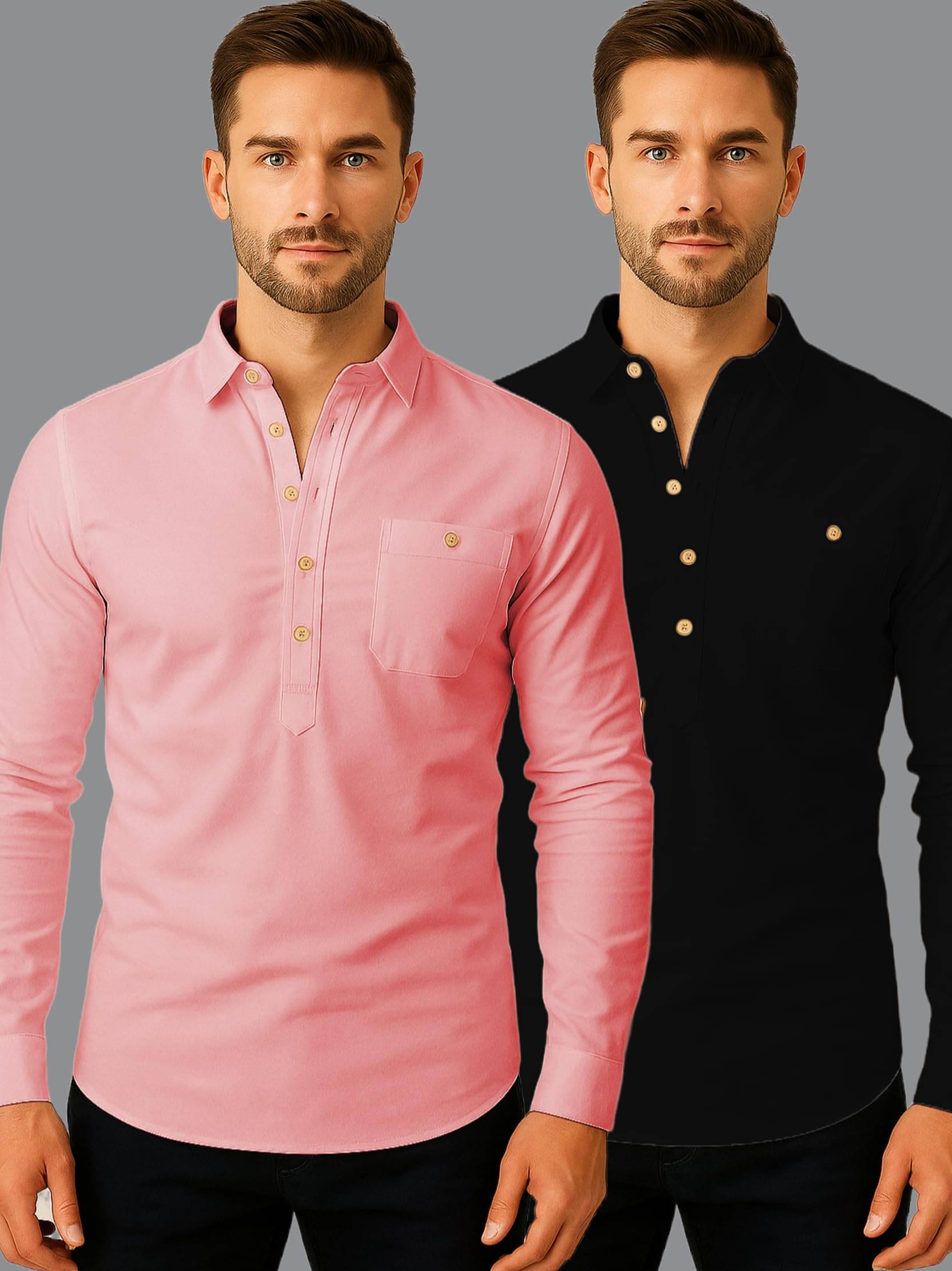     			UNI VIBE Peach Cotton Blend Men's Shirt Style Kurta ( Pack of 2 )