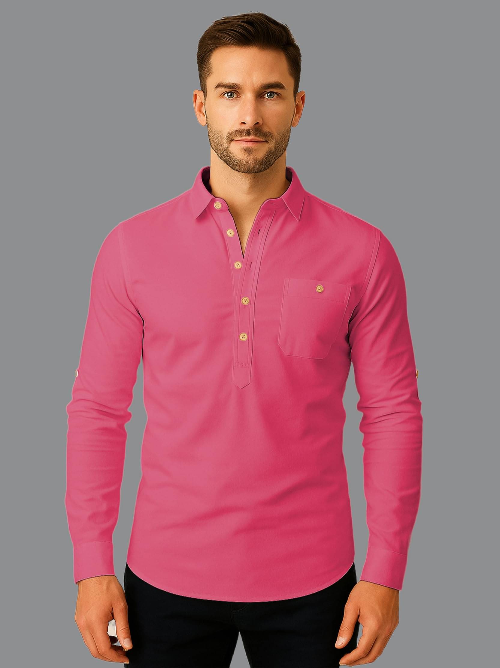 UNI VIBE Pink Cotton Blend Men's Shirt Style Kurta ( Pack of 1 ) UNI VIBE Pink Cotton Blend Men's Shirt Style Kurta ( Pack of 1 )