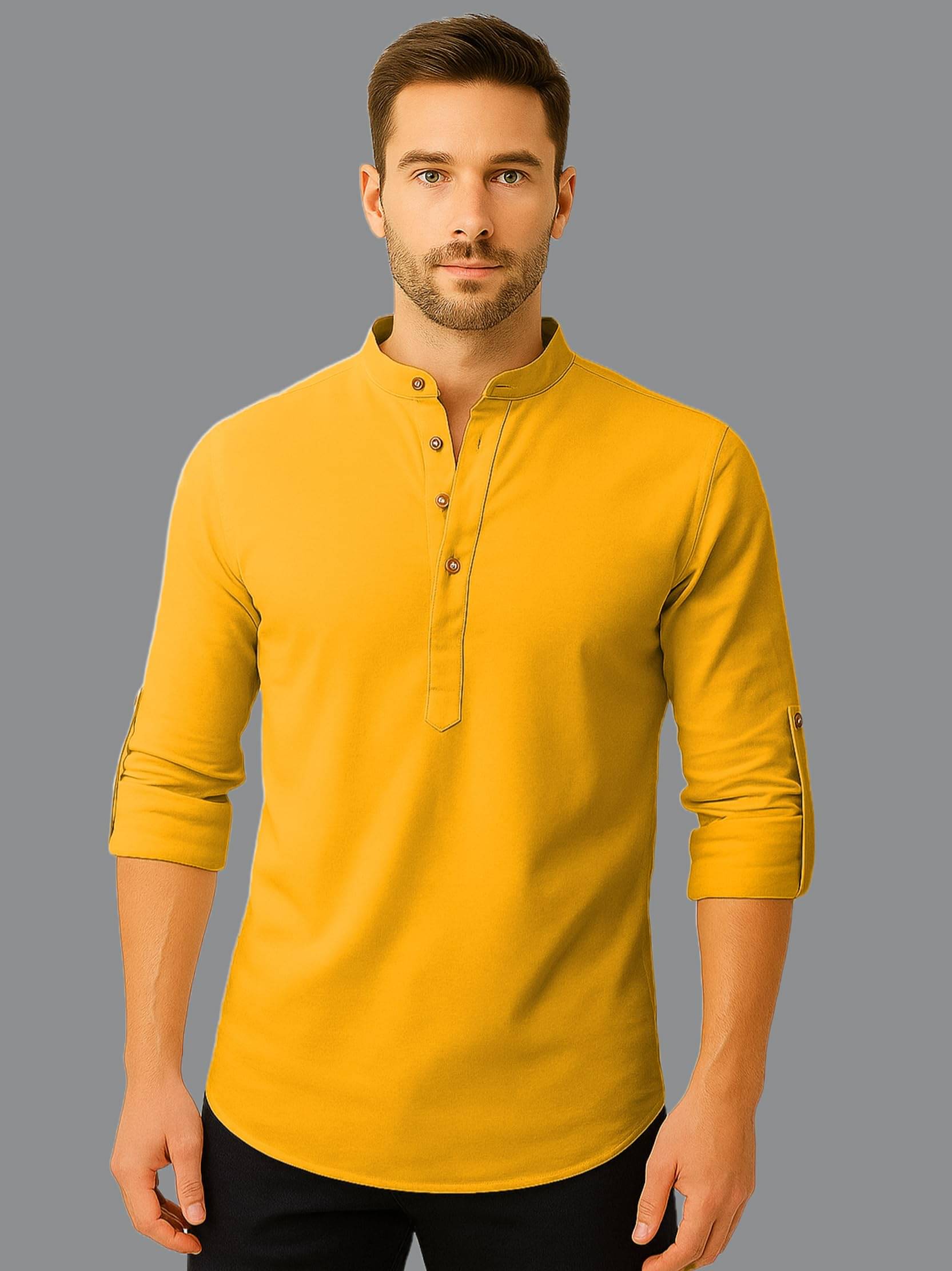     			UNI VIBE Yellow Cotton Blend Men's Shirt Style Kurta ( Pack of 1 )