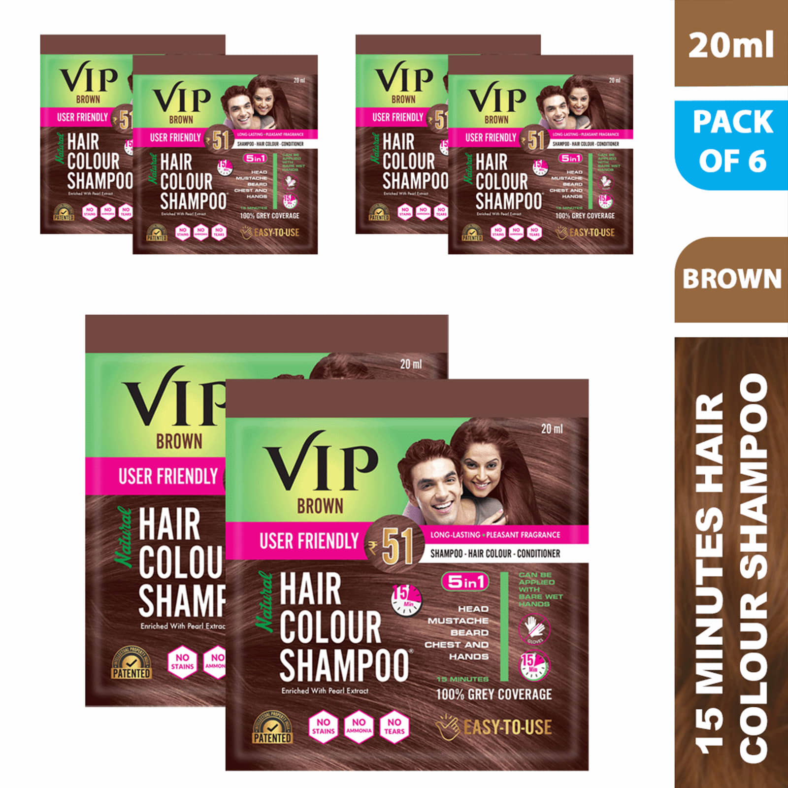 VIP Hair Colour Shampoo Natural Permanent Hair Color 20 mL Brown