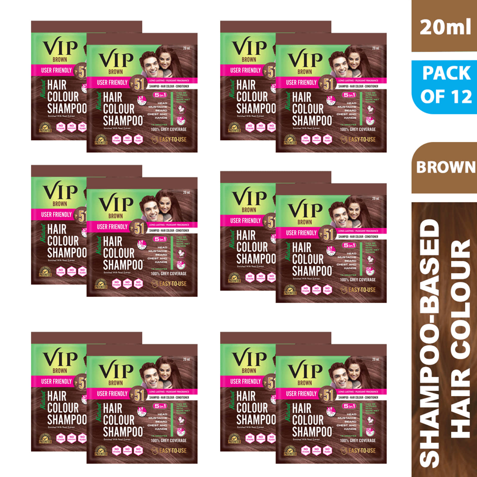 VIP Hair Colour Shampoo Unscented Permanent Hair Color 20 mL Brown
