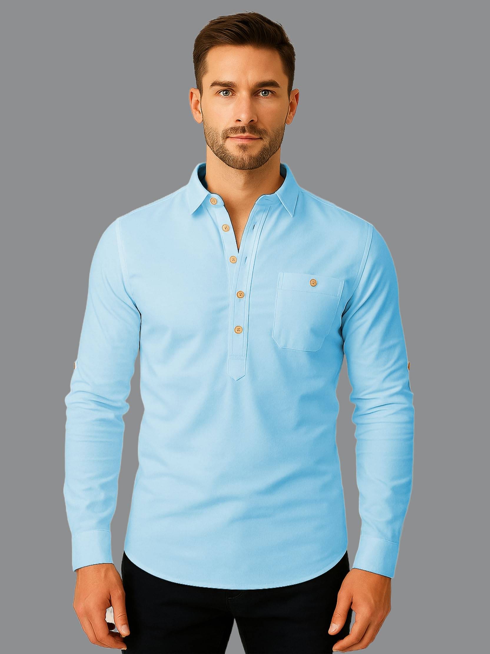 Vida Loca Sky Blue Cotton Blend Men's Shirt Style Kurta ( Pack of 1 ) Vida Loca Sky Blue Cotton Blend Men's Shirt Style Kurta ( Pack of 1 )