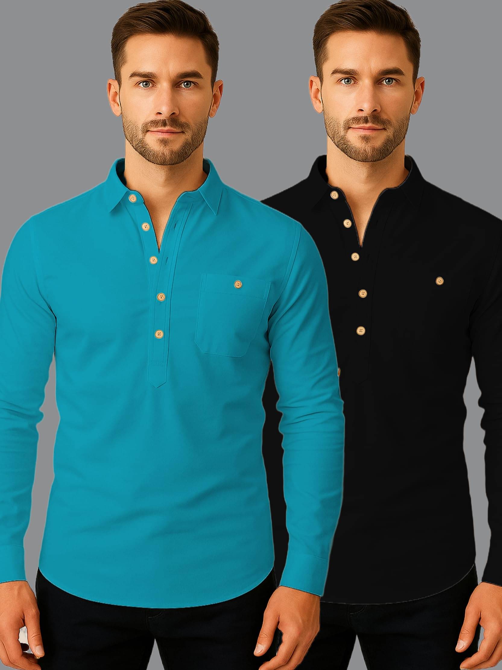 Vida Loca Turquoise Cotton Blend Men's Shirt Style Kurta ( Pack of 2 ) Vida Loca Turquoise Cotton Blend Men's Shirt Style Kurta ( Pack of 2 )