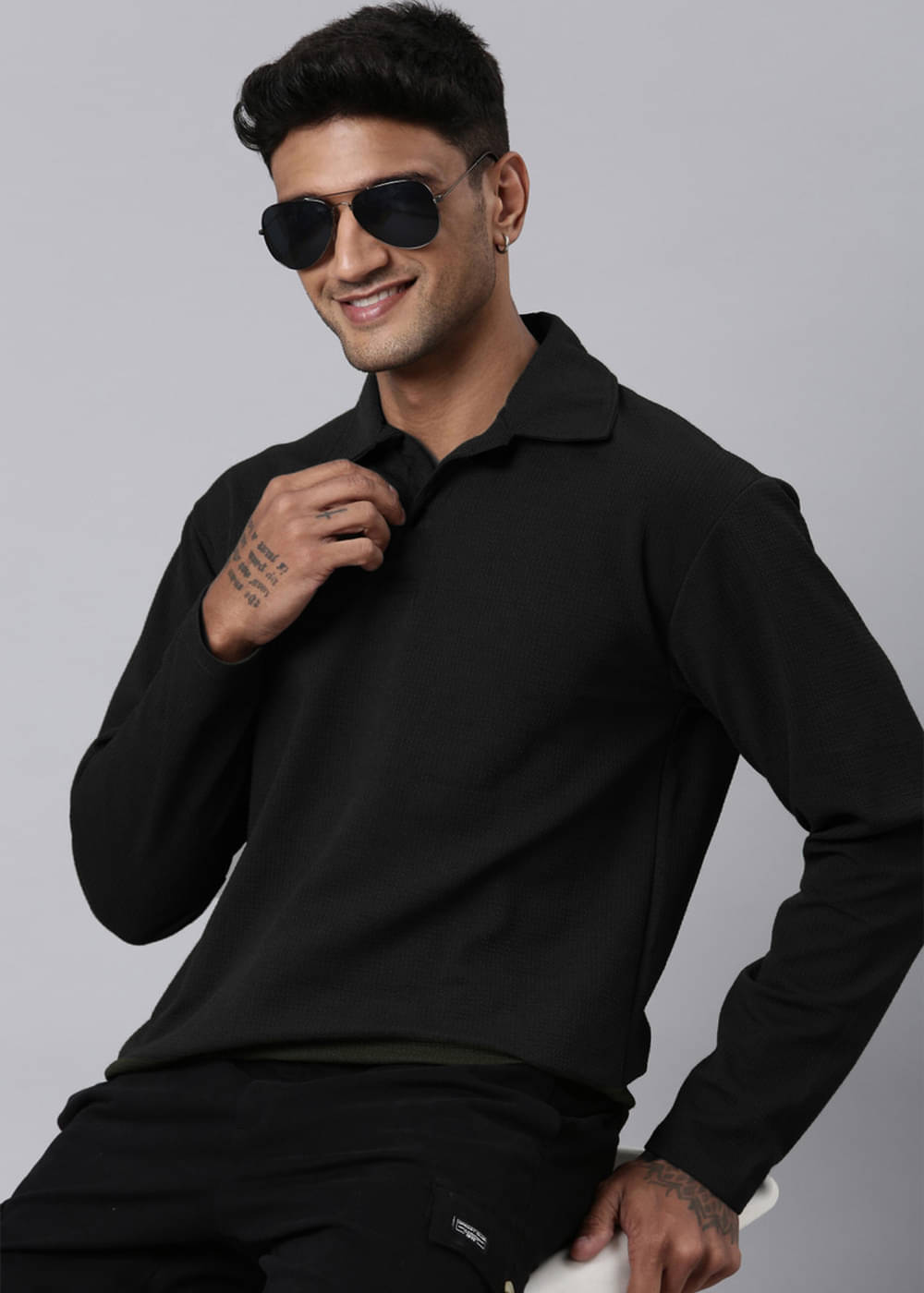 genzy Men Polyester Regular Fit Self Design Polo T Shirt ( Black ) genzy Men Polyester Regular Fit Self Design Polo T Shirt ( Black )