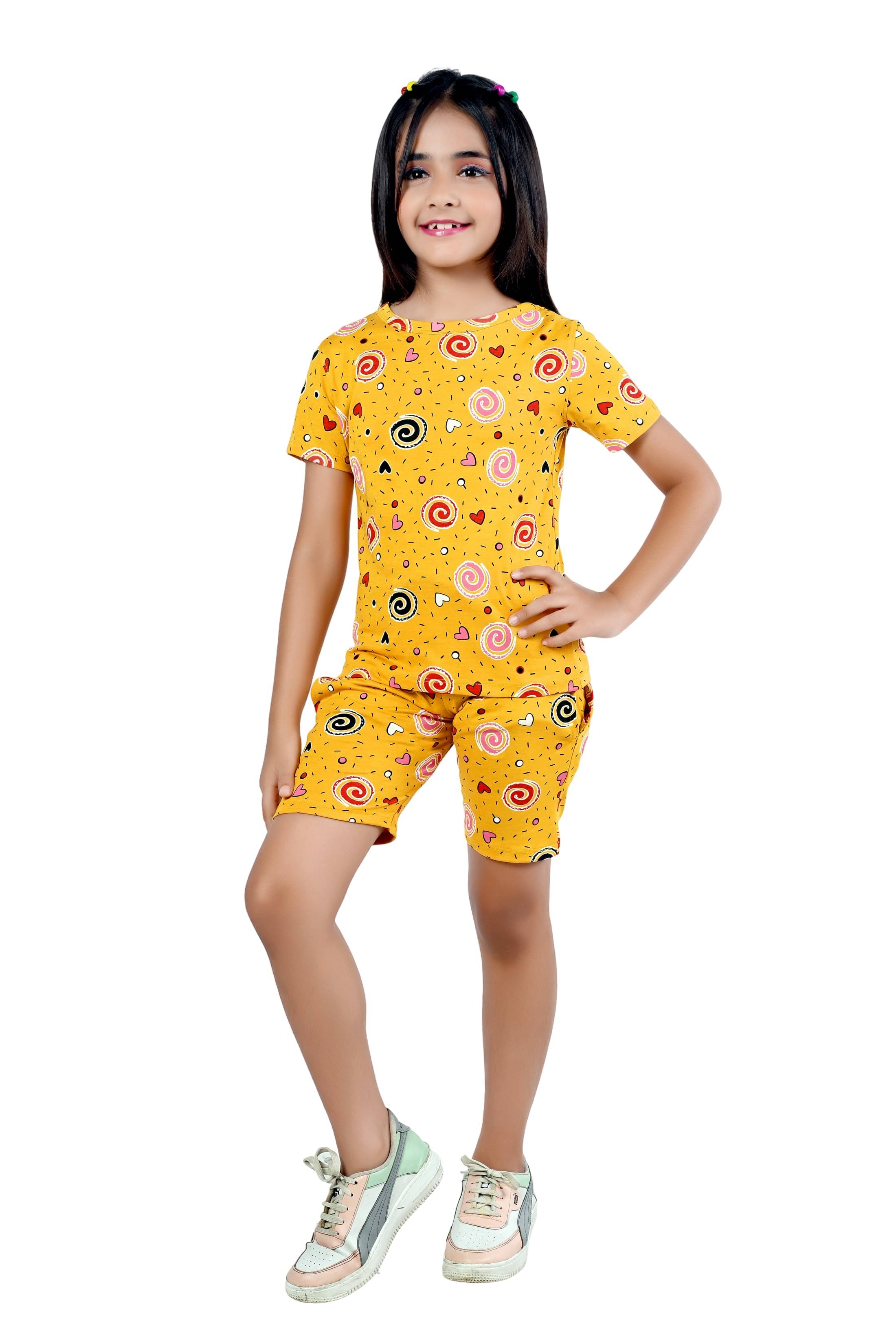 Arshia Fashions Pack of 1 Girls Hosiery T-shirt & Shorts ( Yellow ) Arshia Fashions Pack of 1 Girls Hosiery T-shirt & Shorts ( Yellow )