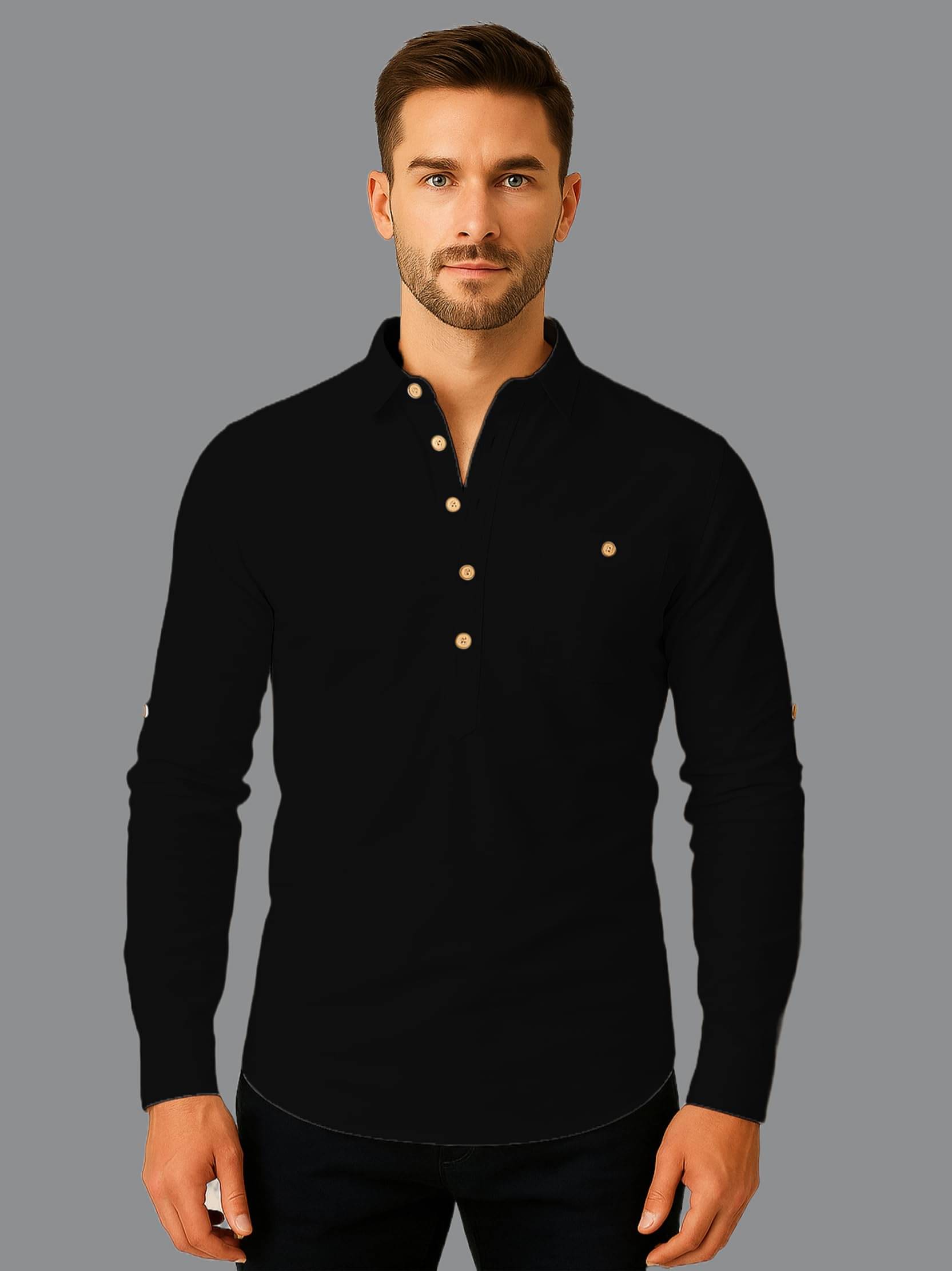 KNOWTED Black Cotton Blend Men's Shirt Style Kurta ( Pack of 1 ) KNOWTED Black Cotton Blend Men's Shirt Style Kurta ( Pack of 1 )