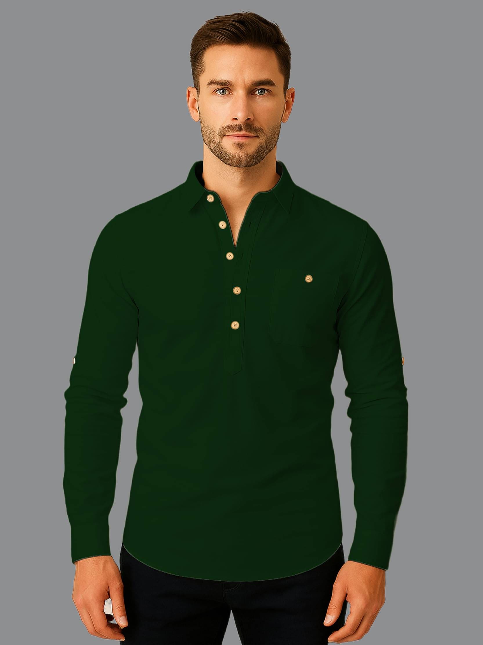     			KNOWTED Green Cotton Blend Men's Shirt Style Kurta ( Pack of 1 )